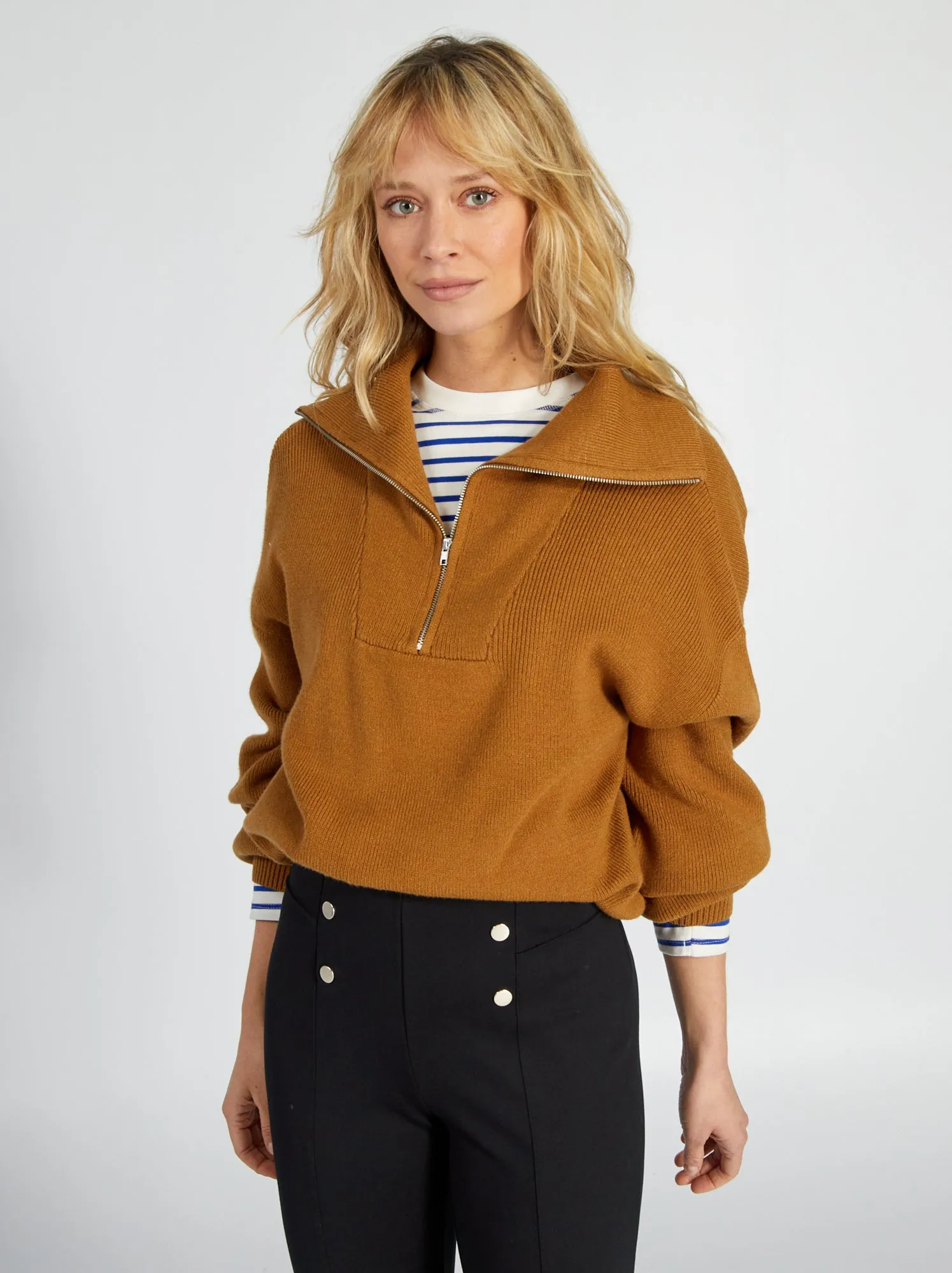 Pullover a collo alto con zip - KAKI