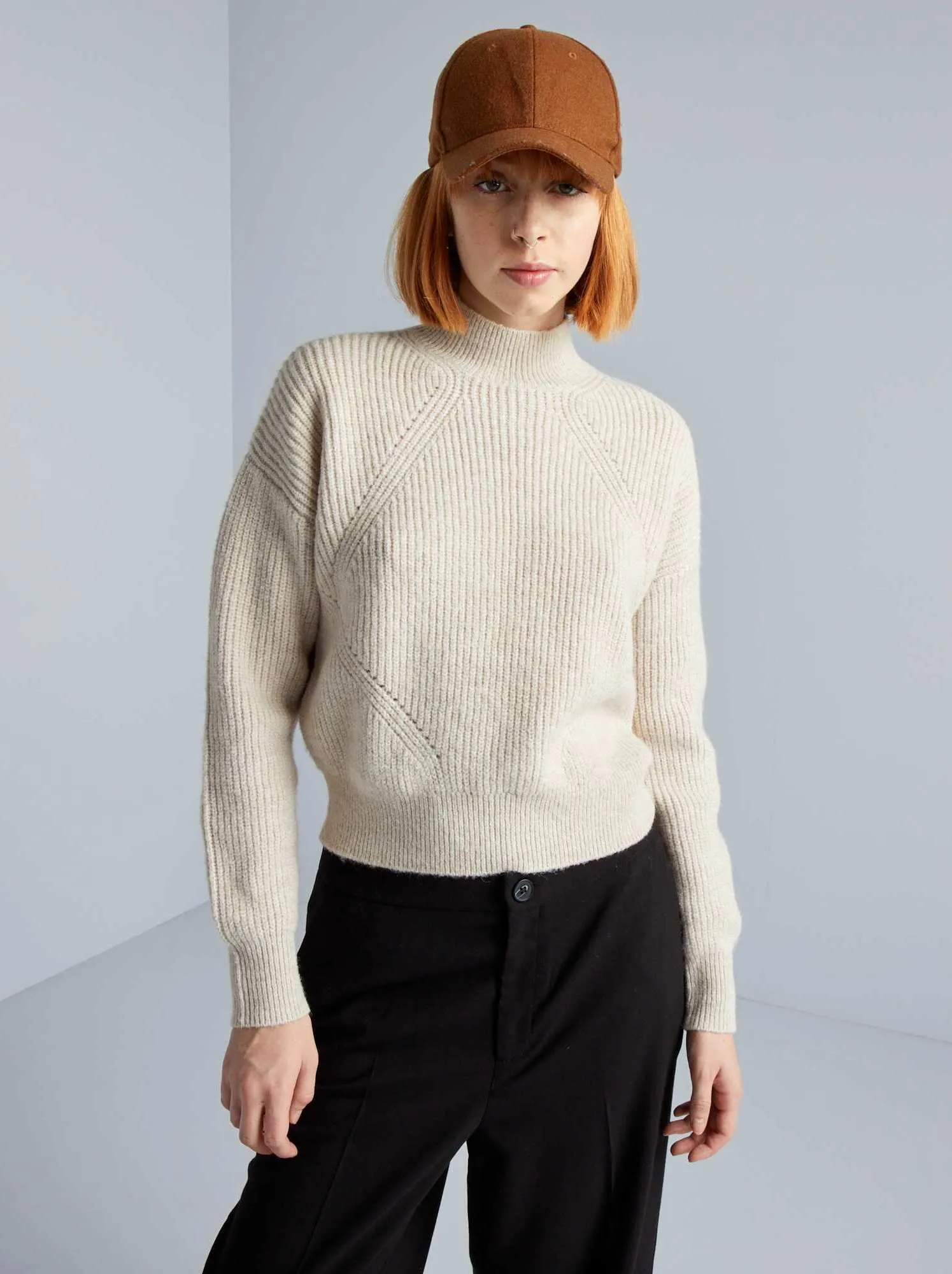 Pullover a maglia grossa traforato - BEIGE