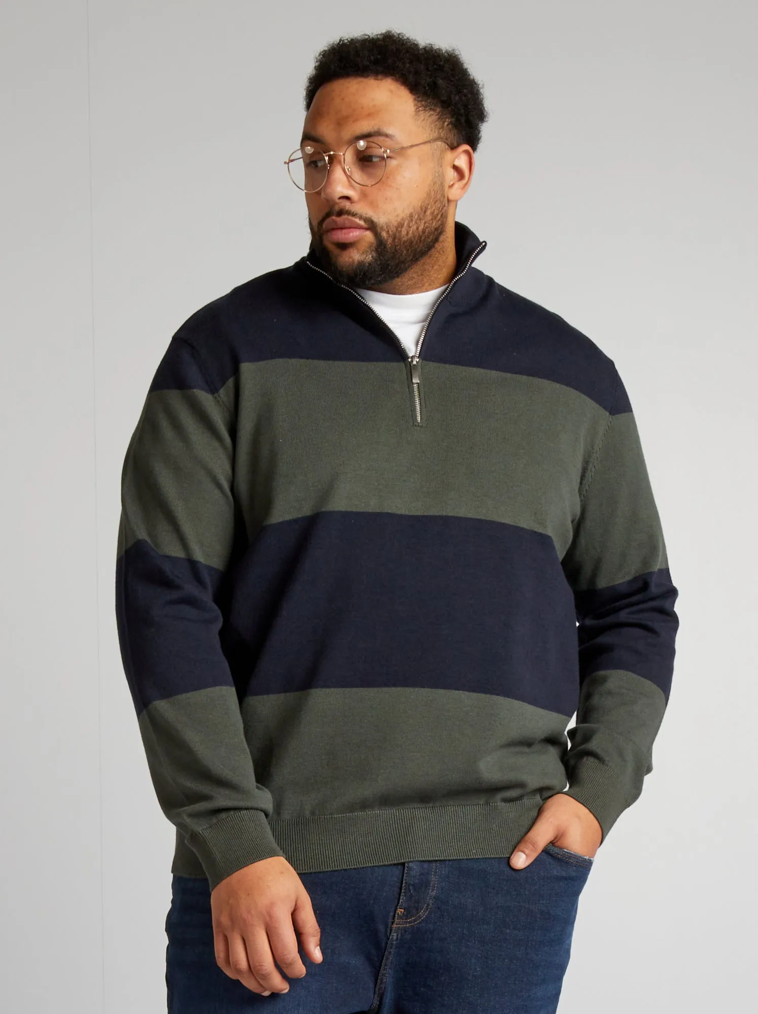 Pullover a righe a collo alto con zip - BLU