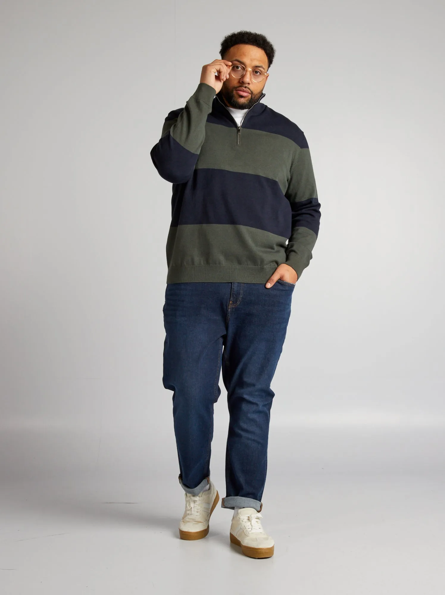 Pullover a righe a collo alto con zip - BLU