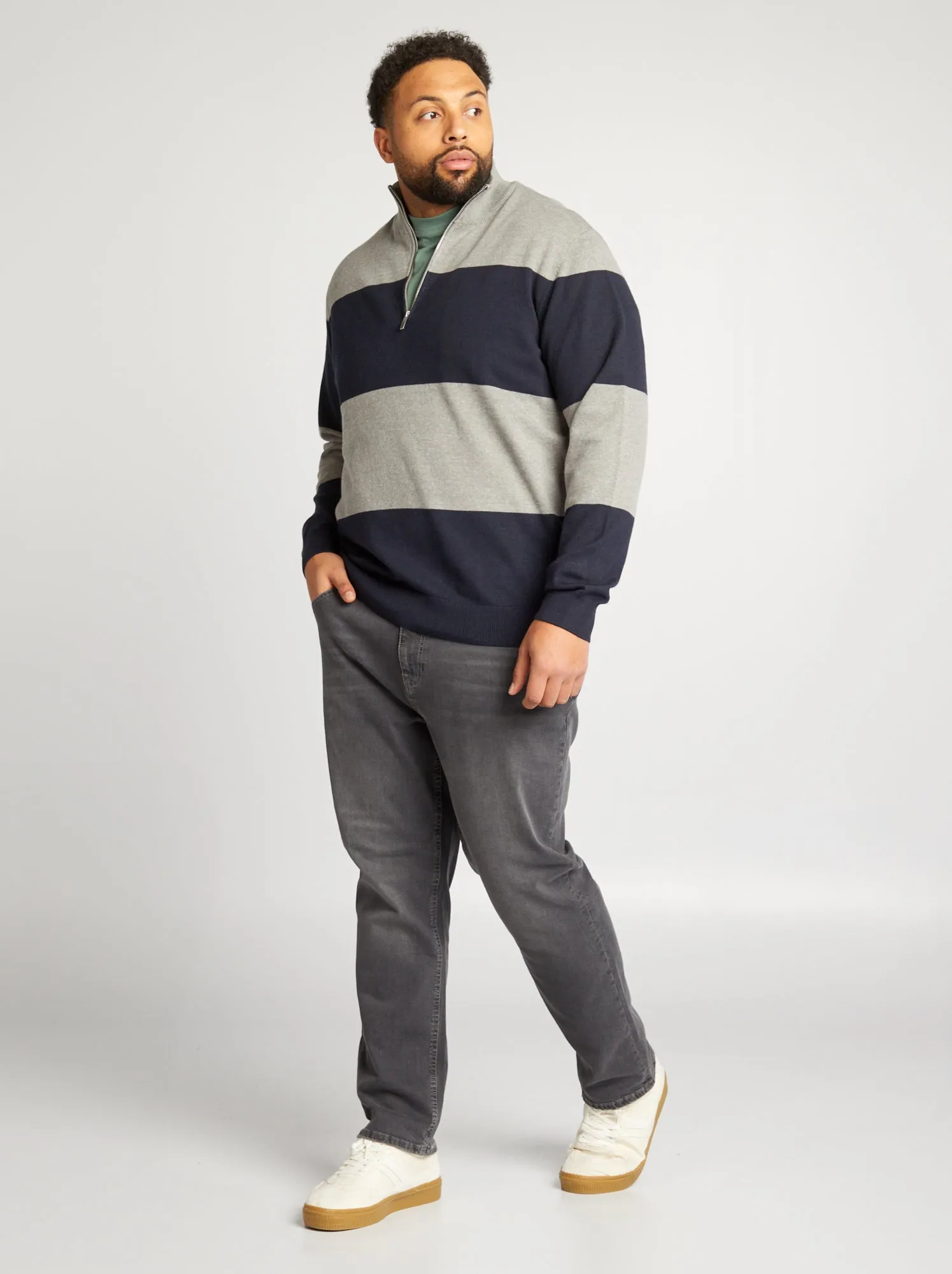 Pullover a righe a collo alto con zip - GRIGIO