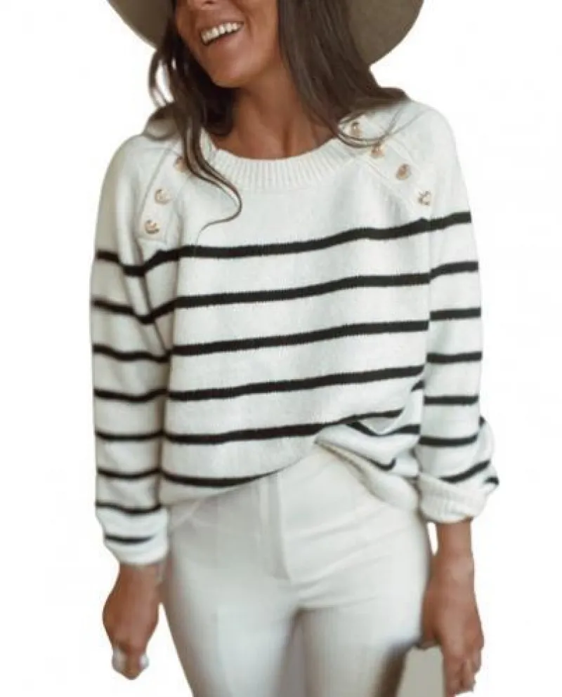 Pullover da donna Maglione a righe orizzontali Bottoni Autunno Inverno Knitwe