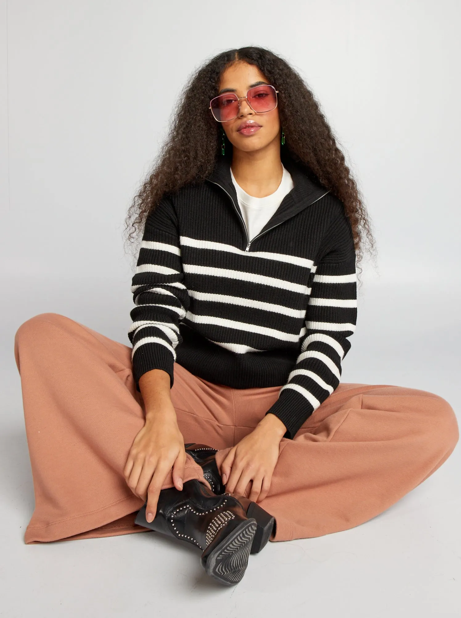 Pullover marinière a collo alto con zip - NERO
