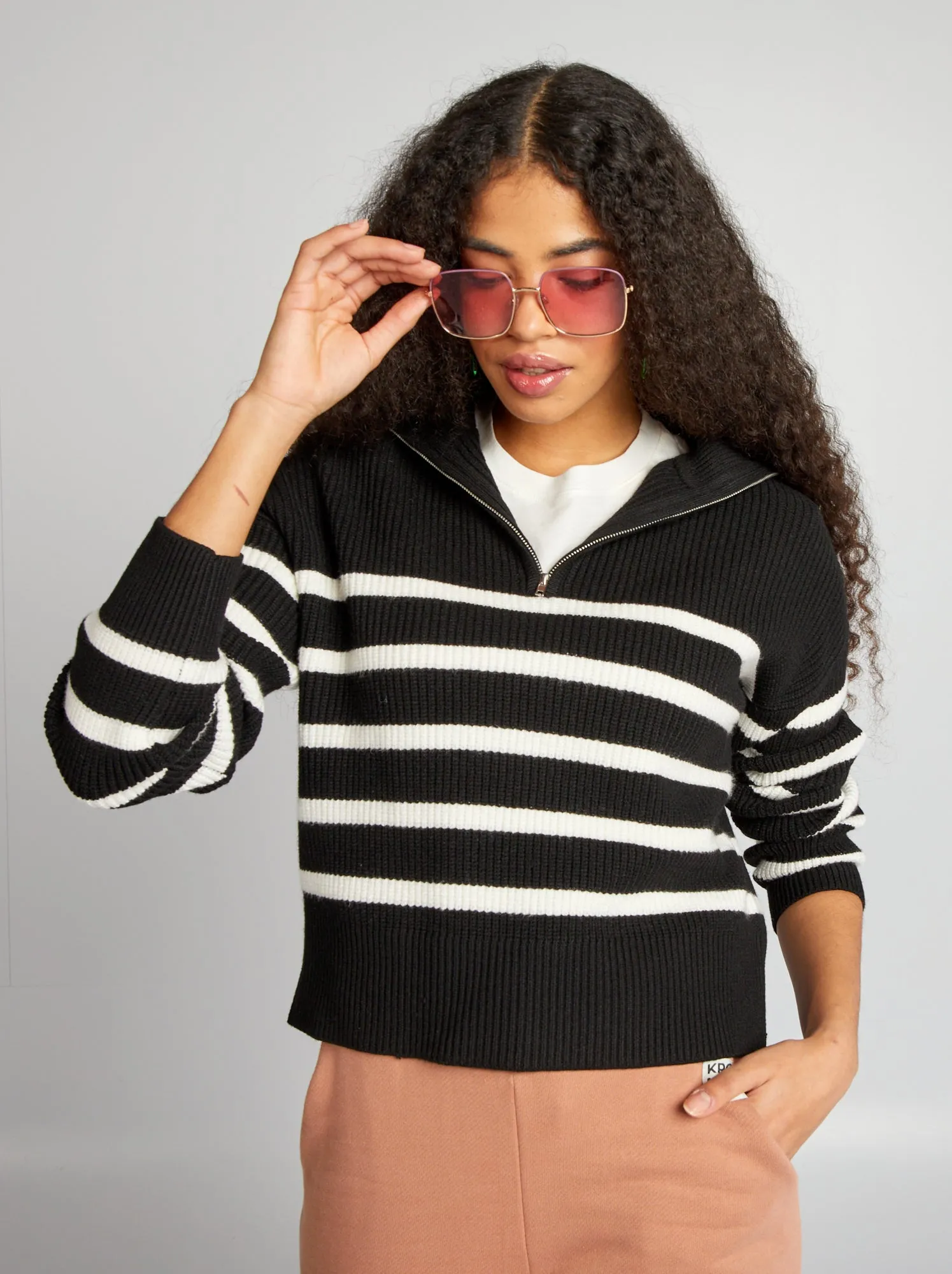 Pullover marinière a collo alto con zip - NERO