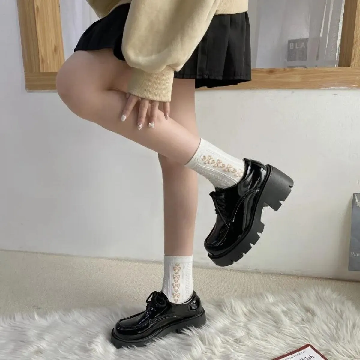 Scarpe con plateau Lolita Scarpe con plateau basse da ragazza nere Scarpe con plateau Mary Jane Scarpe nere