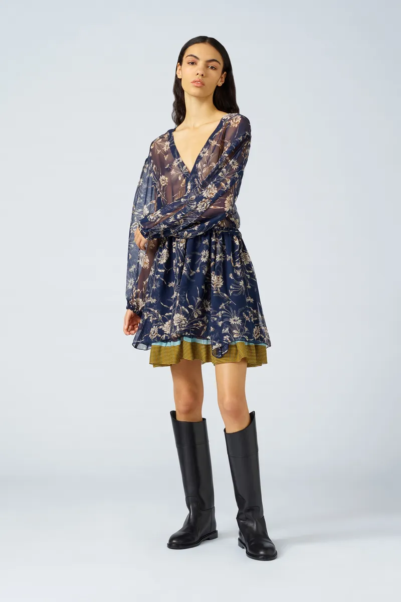 SEMICOUTURE Abito scollo V stampa fiori