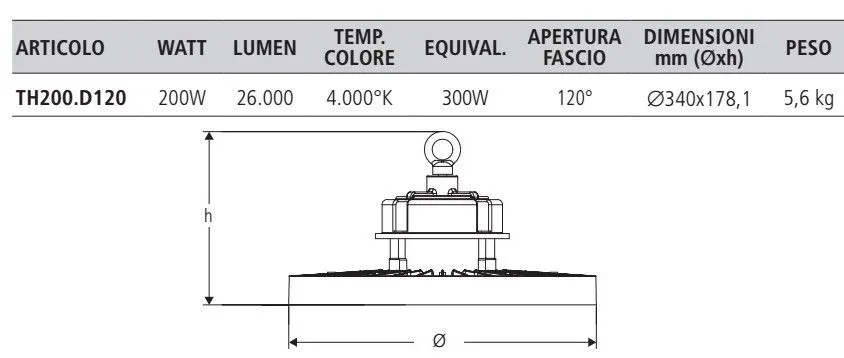 Sospensione Industriale 200W 4.000°k 26000 lm Angolo Diffus.120° Arteleta TH200.D120