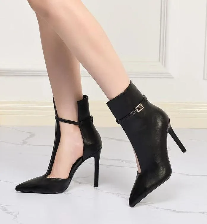 Stivaletto Donna Punta Tacco Spillo Ecopelle Fibbia Casual Elegante