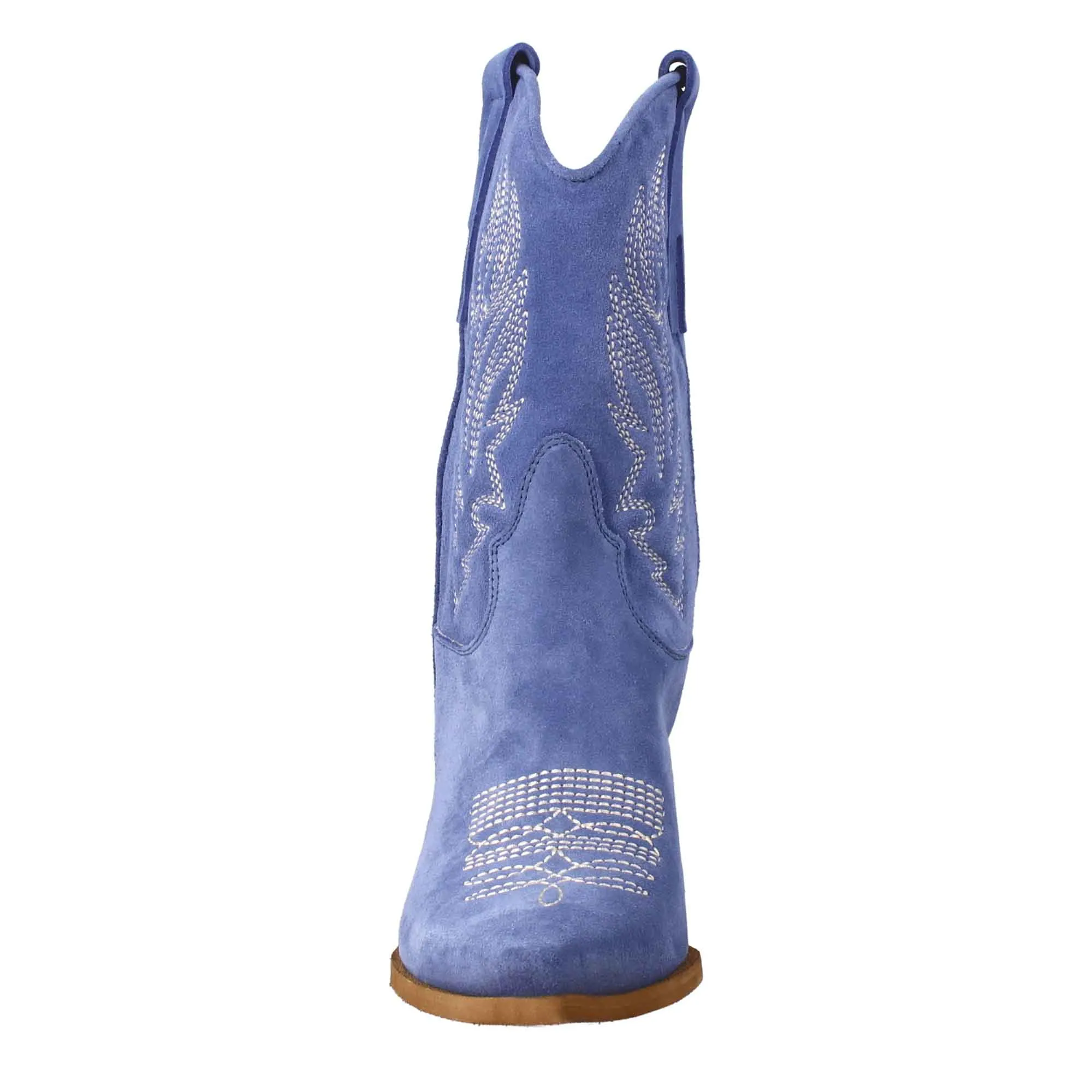 Stivaletto texano da donna in camoscio, color azzurro con ricamo.