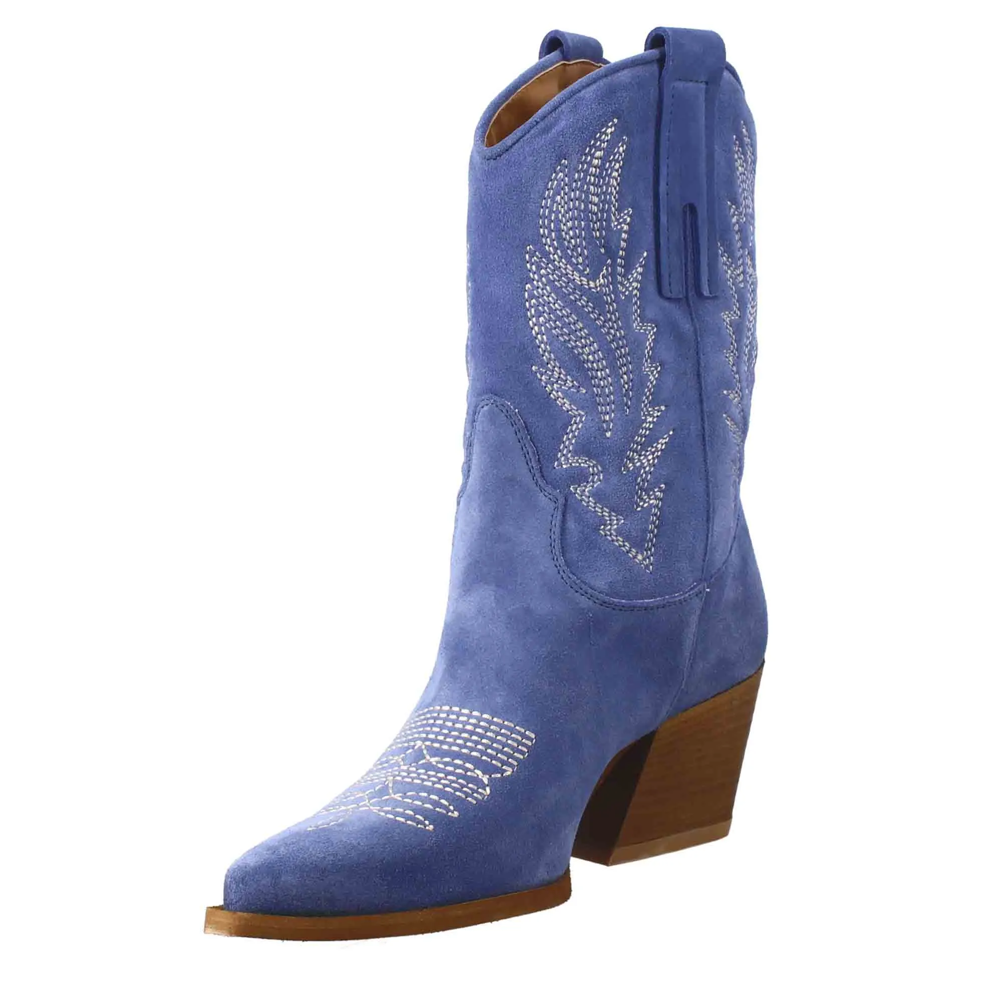 Stivaletto texano da donna in camoscio, color azzurro con ricamo.
