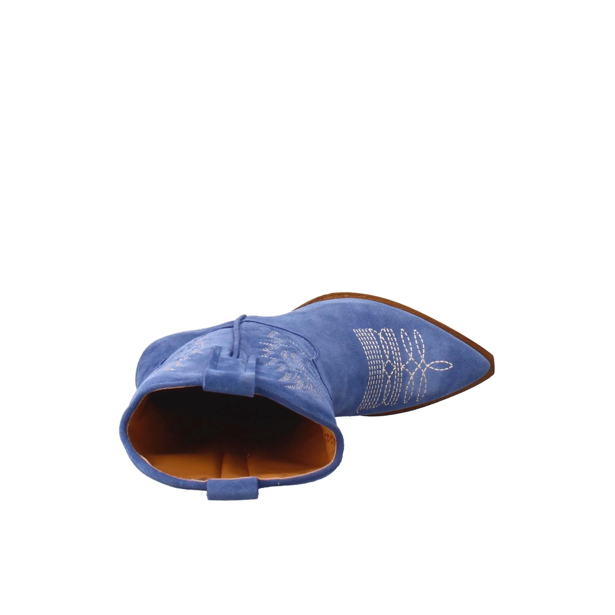 Stivaletto texano da donna in camoscio, color azzurro con ricamo.