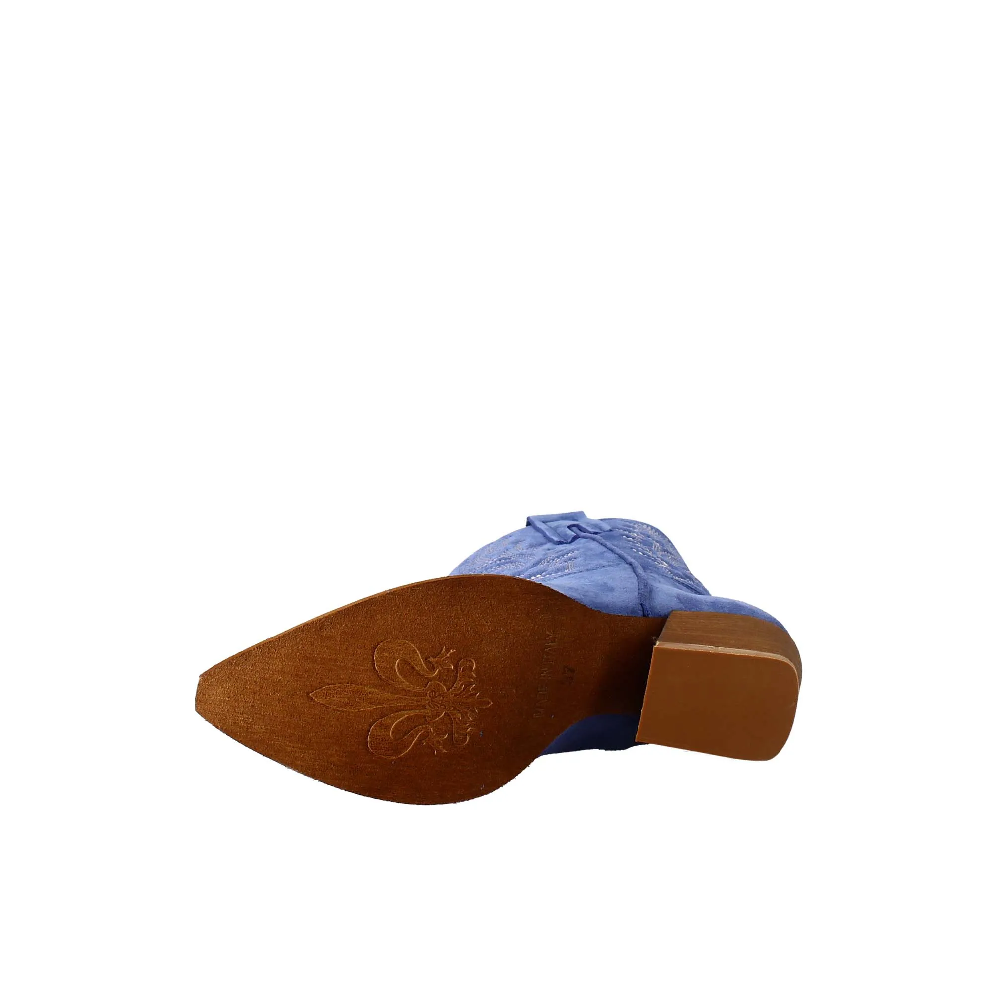 Stivaletto texano da donna in camoscio, color azzurro con ricamo.