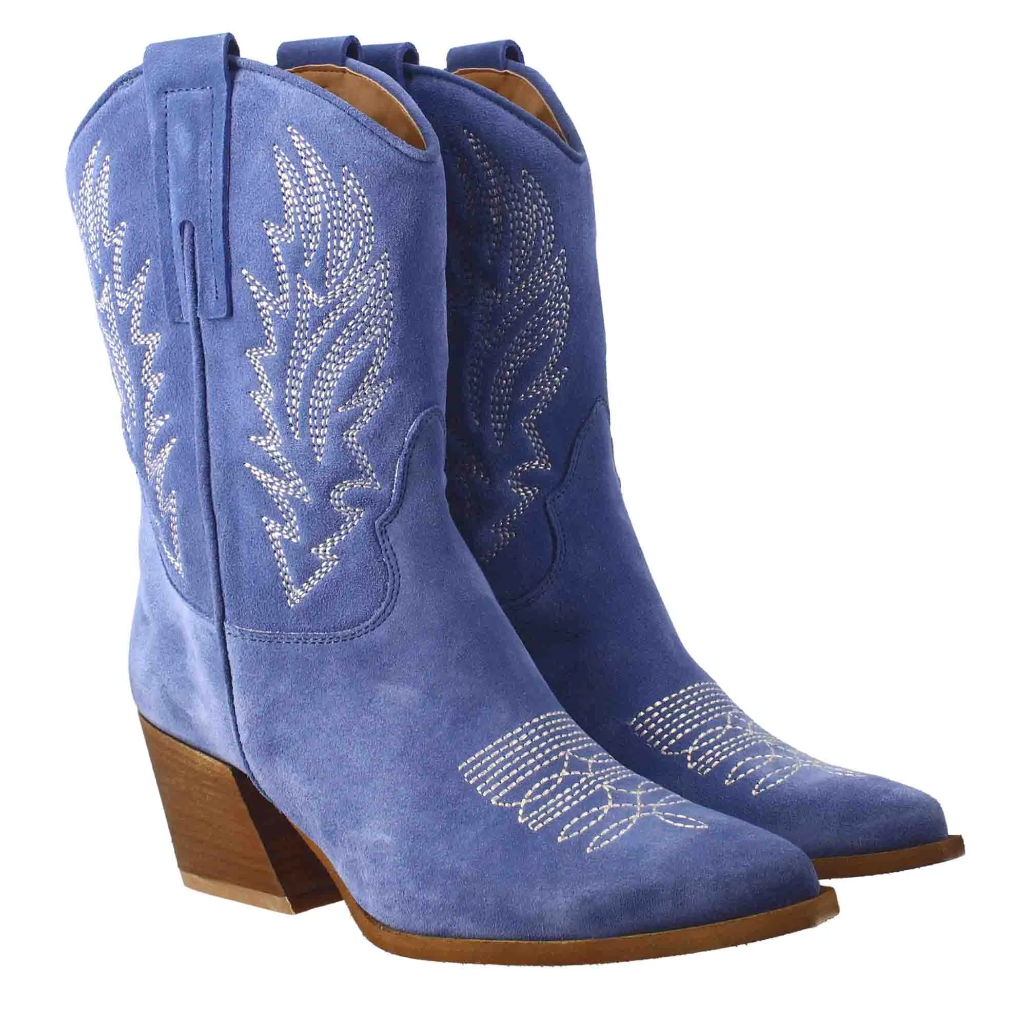 Stivaletto texano da donna in camoscio, color azzurro con ricamo.