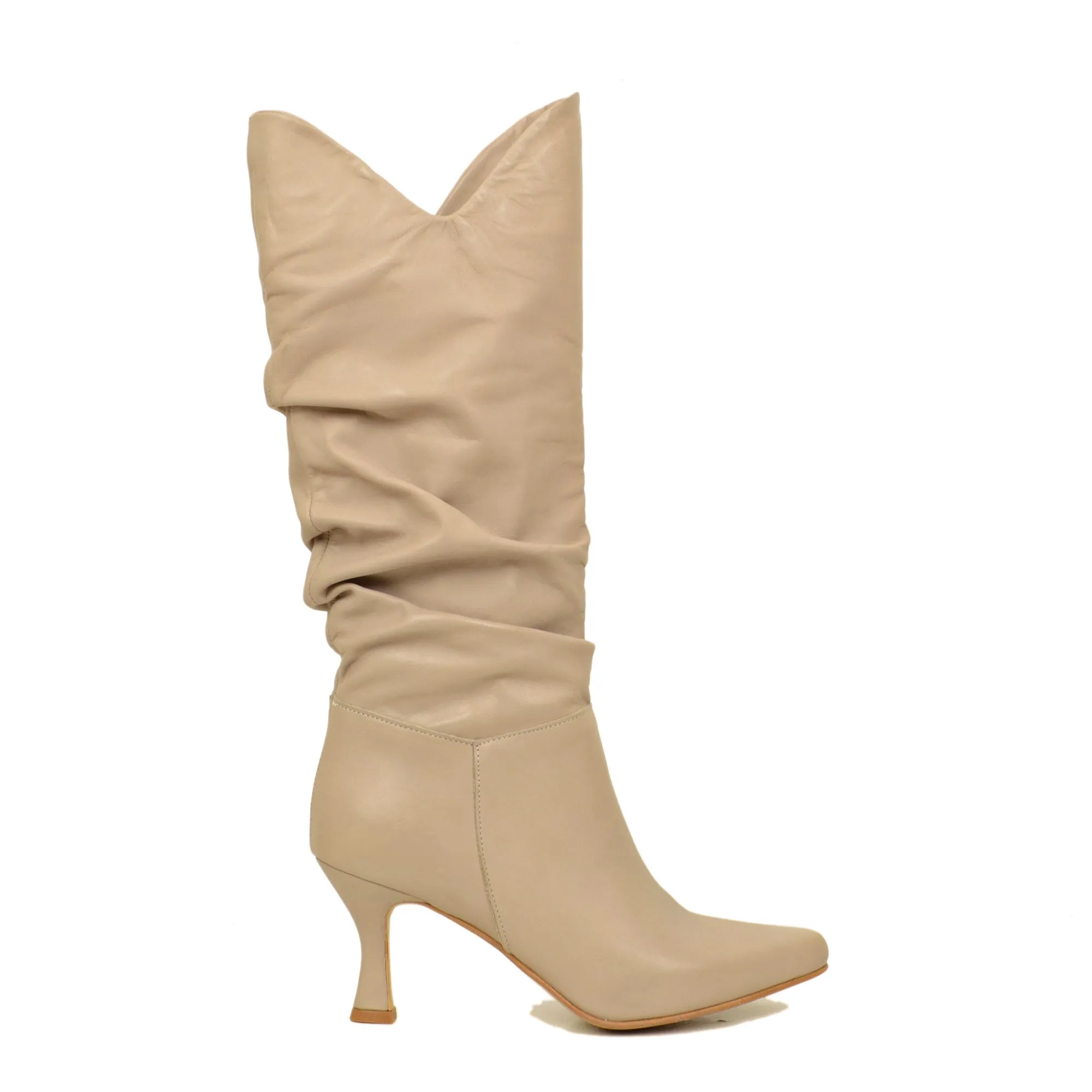 Stivali Donna con Tacco a Rocchetto in Pelle Taupe Made in Italy