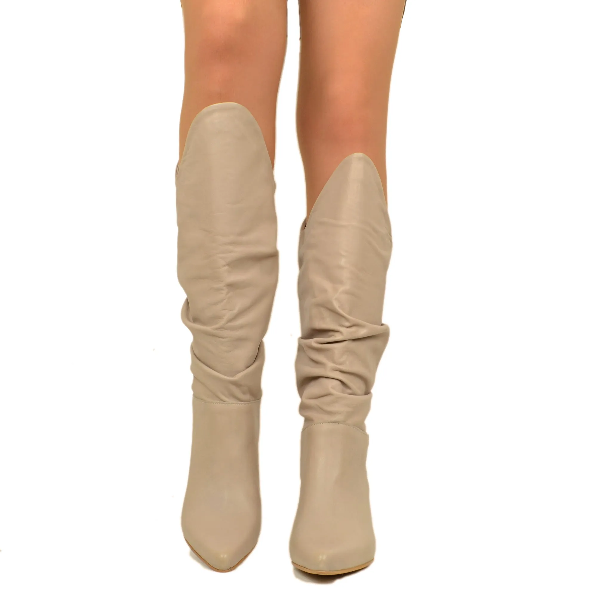 Stivali Donna con Tacco a Rocchetto in Pelle Taupe Made in Italy