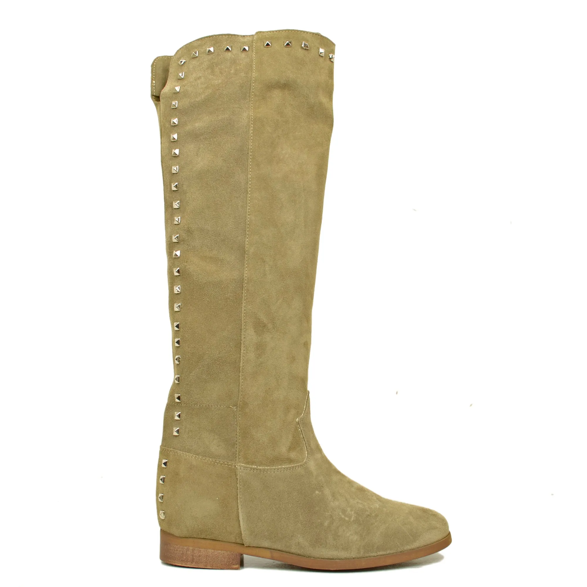 Stivali Donna con Zeppa Interna Taupe in Camoscio con Borchie