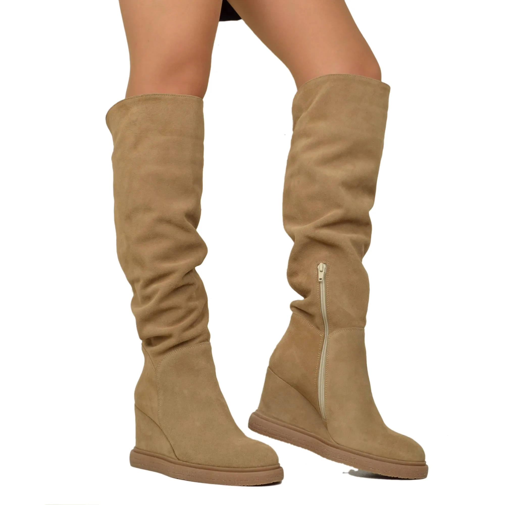 Stivali Donna in Pelle Scamosciata Beige con Zip e Zeppa Platform