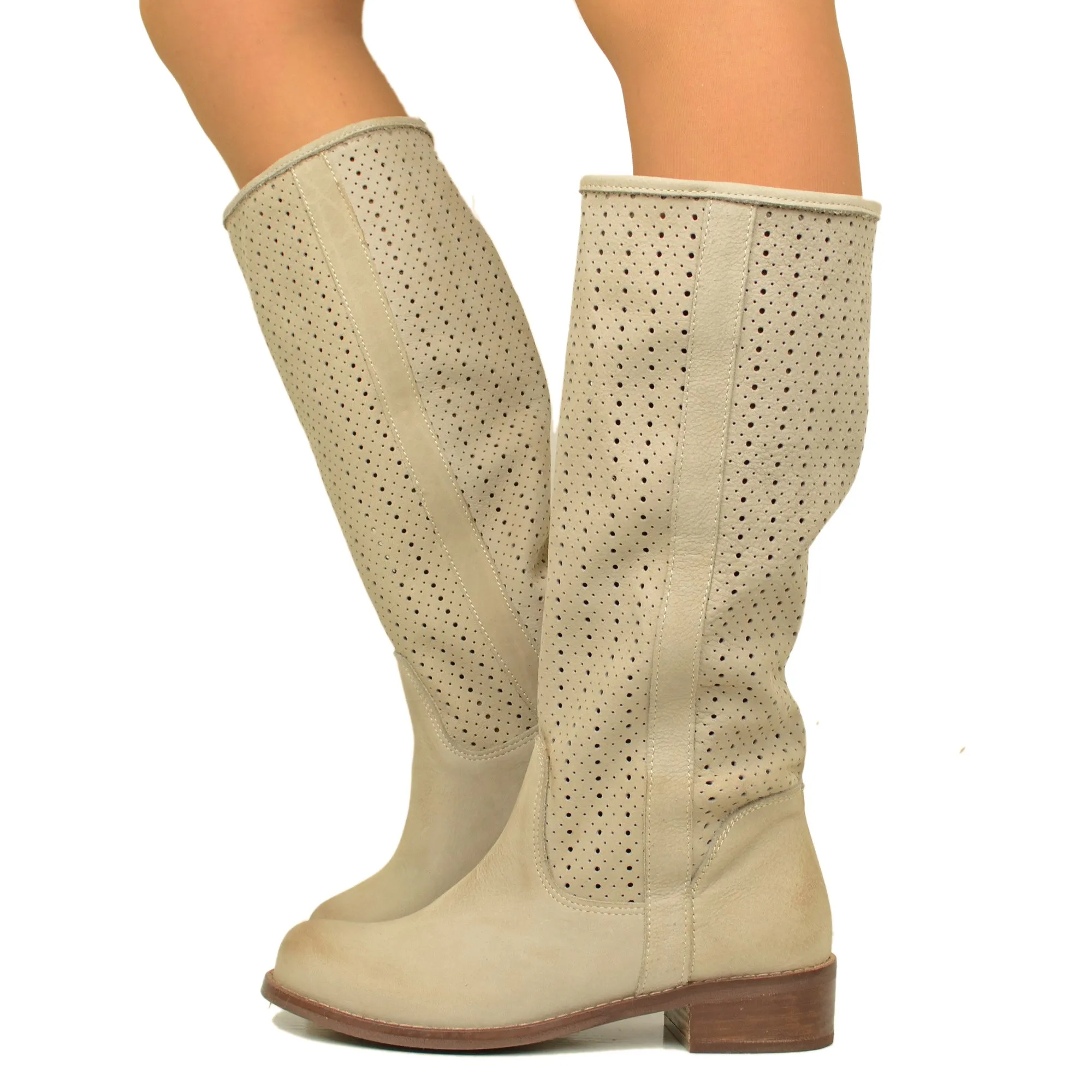 Stivali Donna Traforati Taupe in Pelle Nabuk Made in Italy