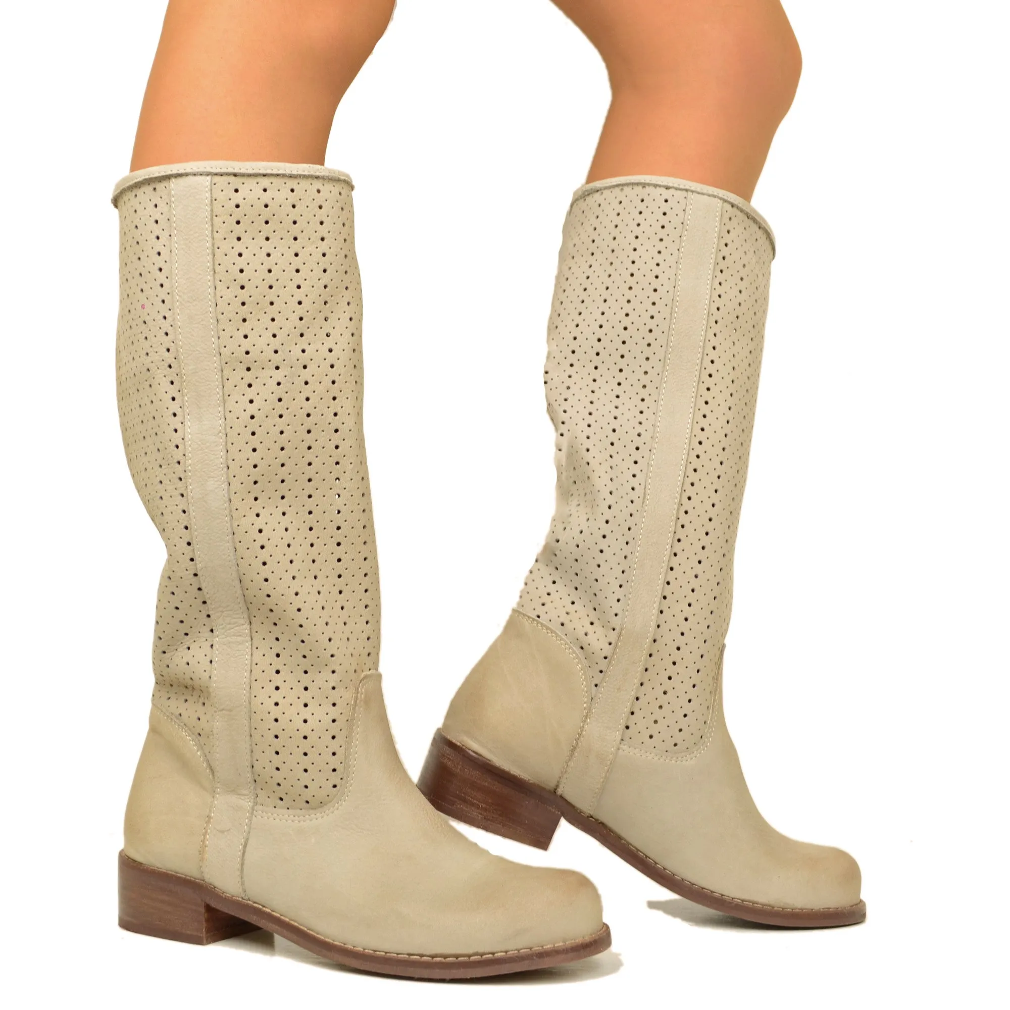Stivali Donna Traforati Taupe in Pelle Nabuk Made in Italy