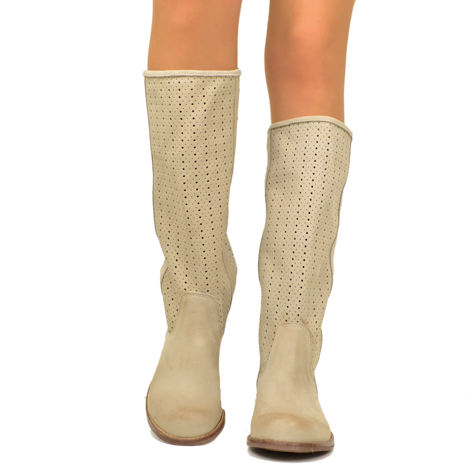 Stivali Donna Traforati Taupe in Pelle Nabuk Made in Italy