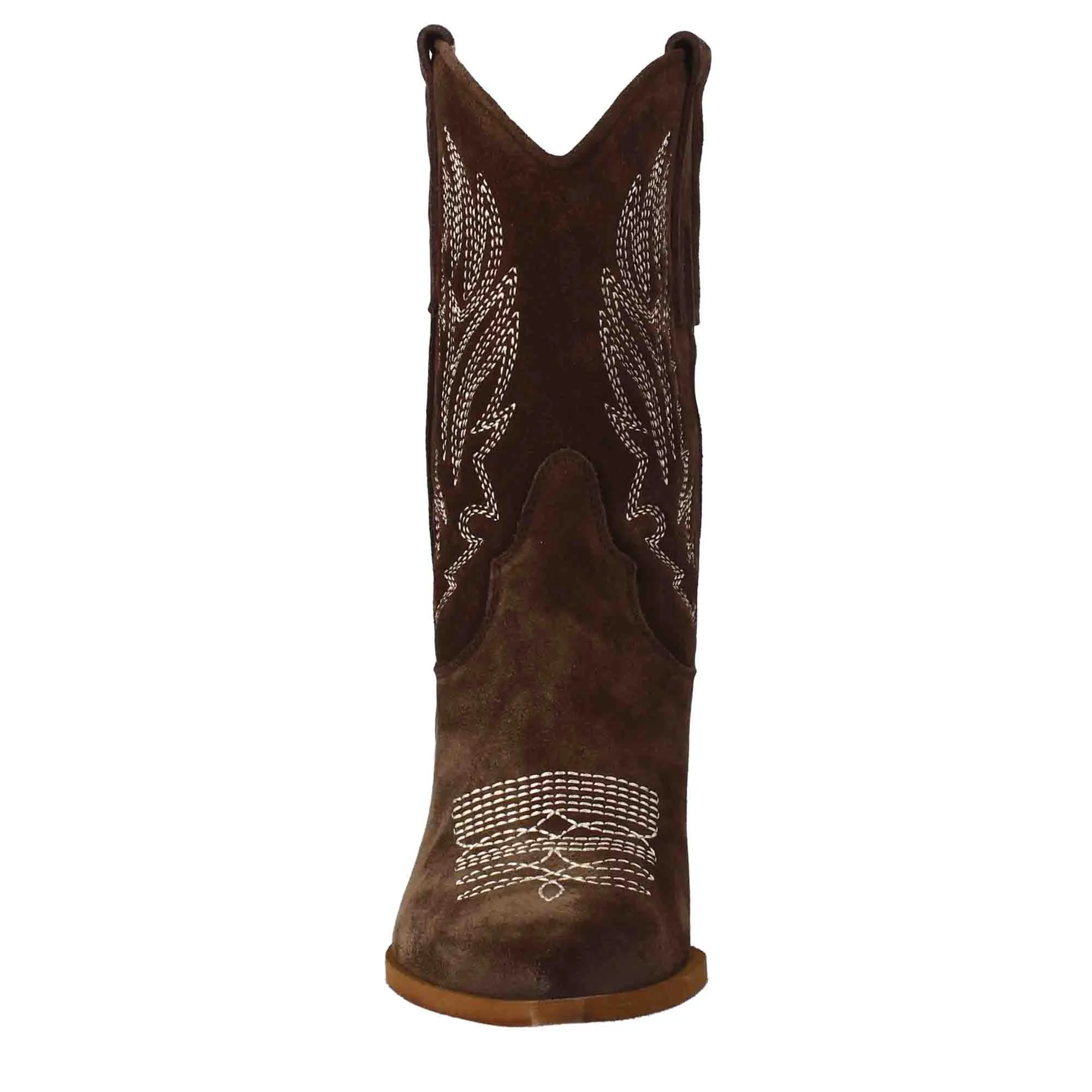 Stivali texani bassi da donna in camoscio marrone scuro con ricami.