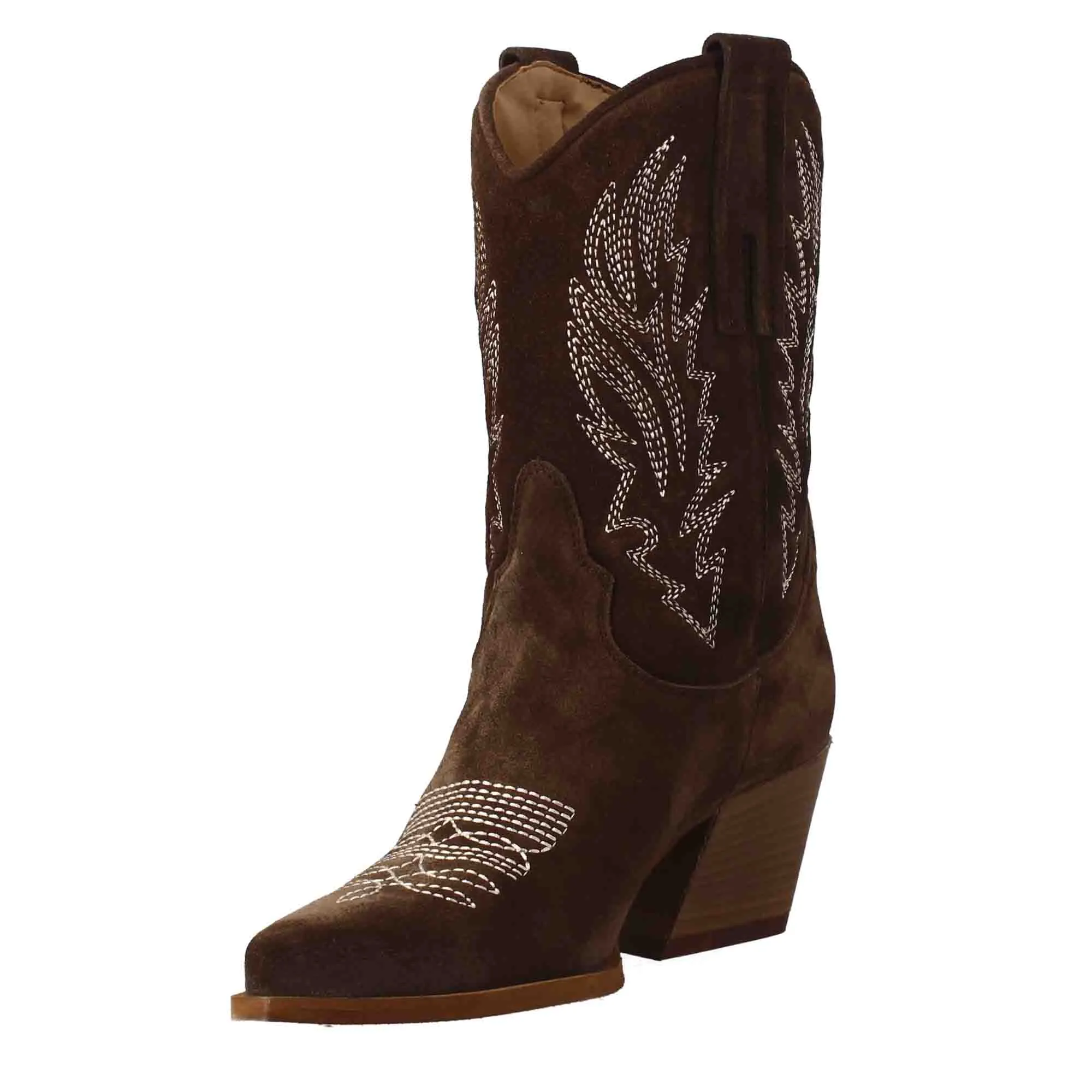 Stivali texani bassi da donna in camoscio marrone scuro con ricami.