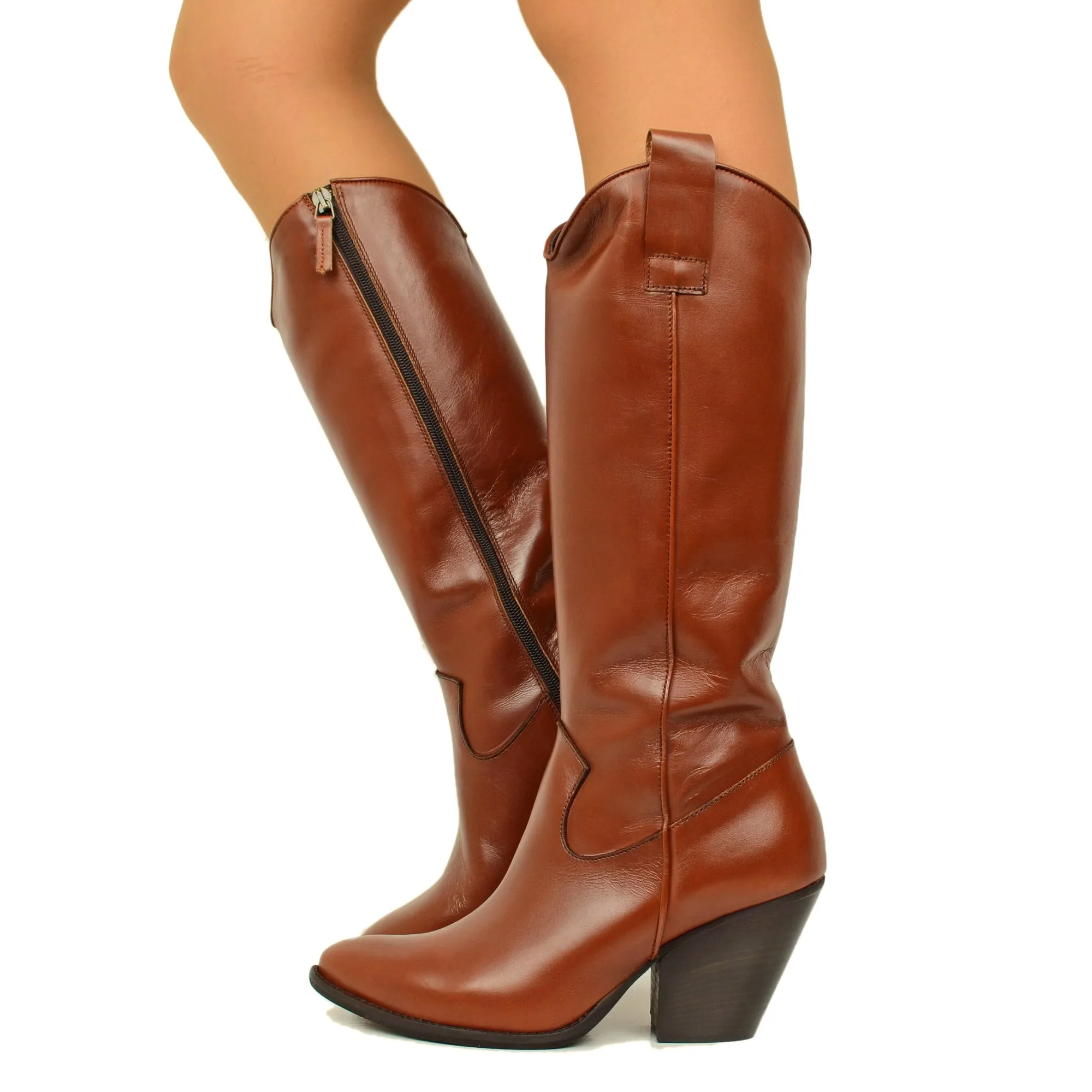Stivali Texani Donna Cuoio Alti in Pelle con Zip Made in Italy