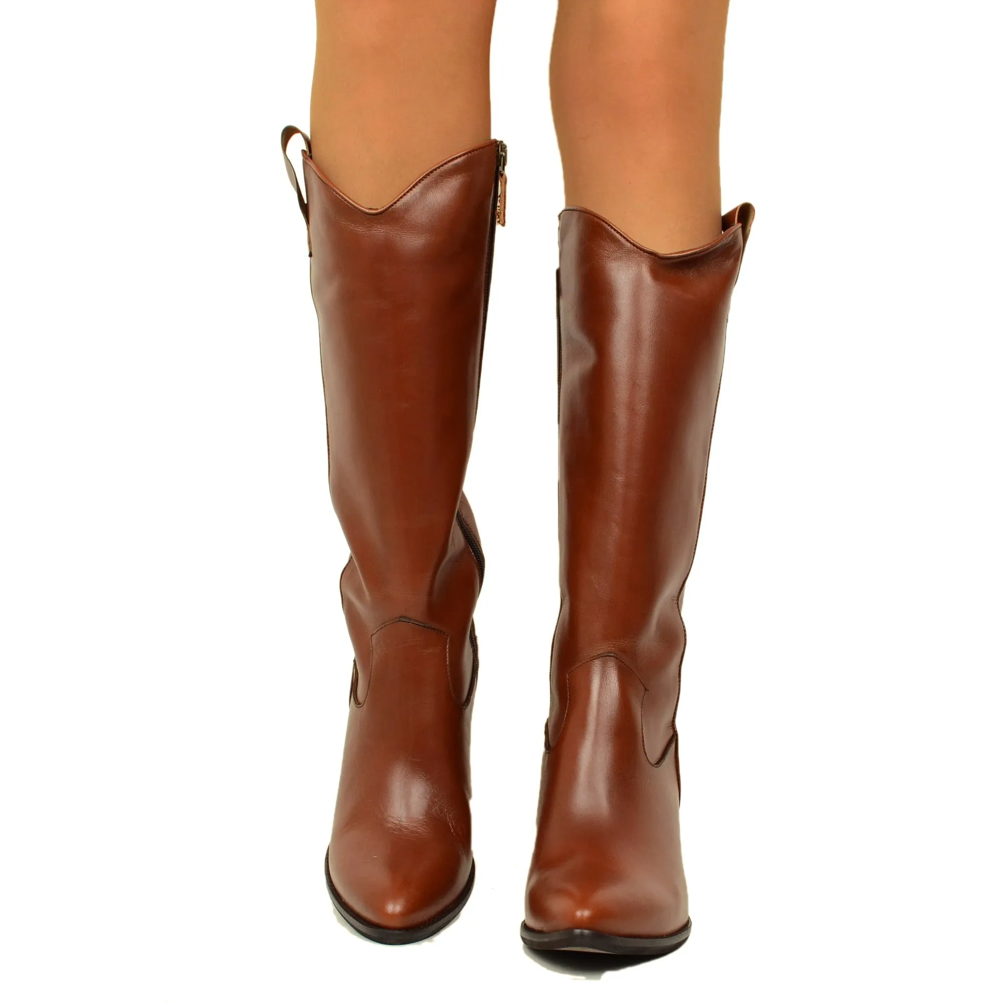 Stivali Texani Donna Cuoio Alti in Pelle con Zip Made in Italy