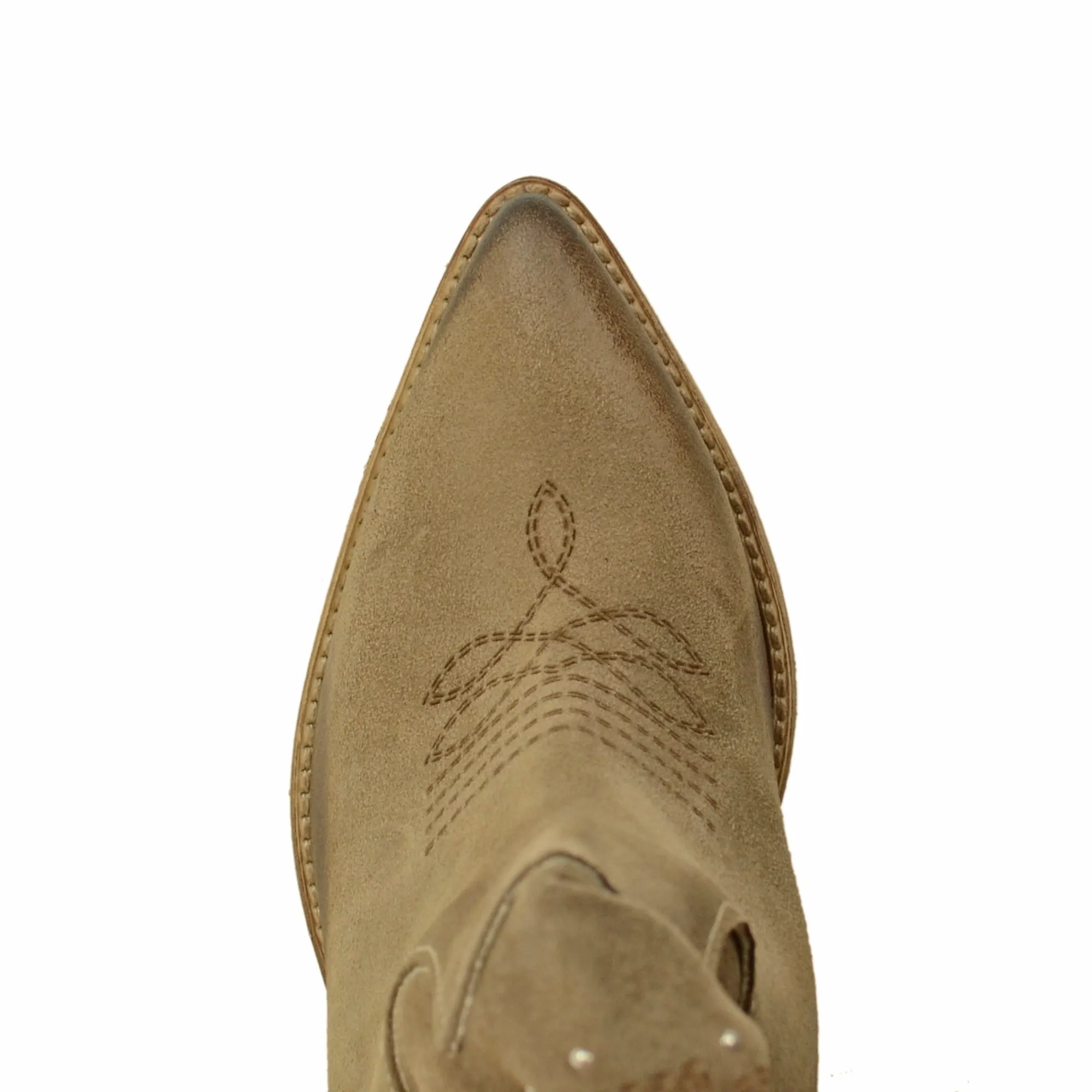 Stivali Texani Donna Laserati in Camoscio Taupe con Tacco Medio