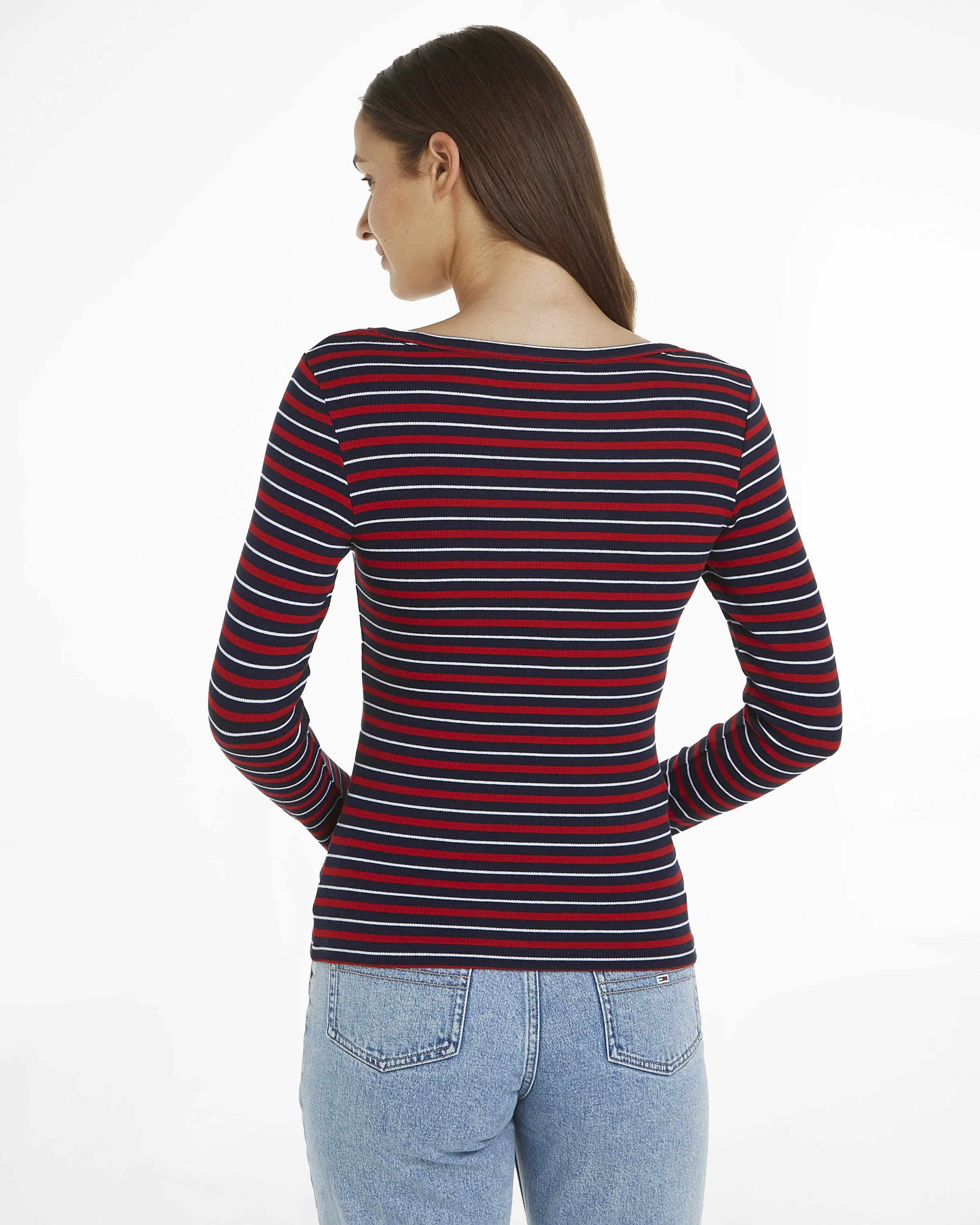 T-shirt a maniche lunghe in cotone stretch a righe blu e rosse lavorata a costine