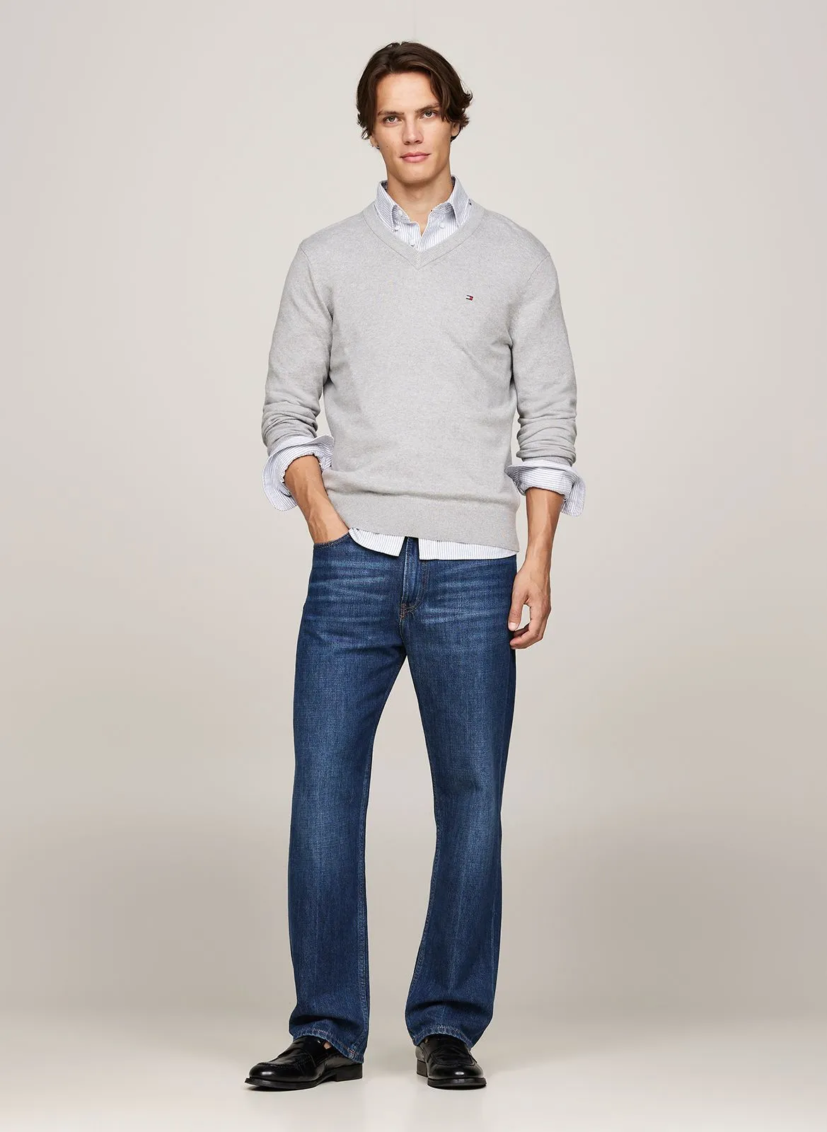  TOMMY HILFIGER   Maglione scollo a V regular fit in misto cotone bio | Grigio