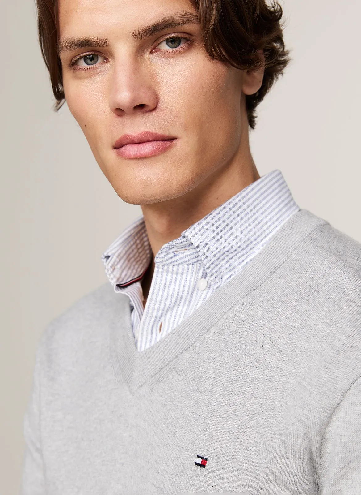  TOMMY HILFIGER   Maglione scollo a V regular fit in misto cotone bio | Grigio