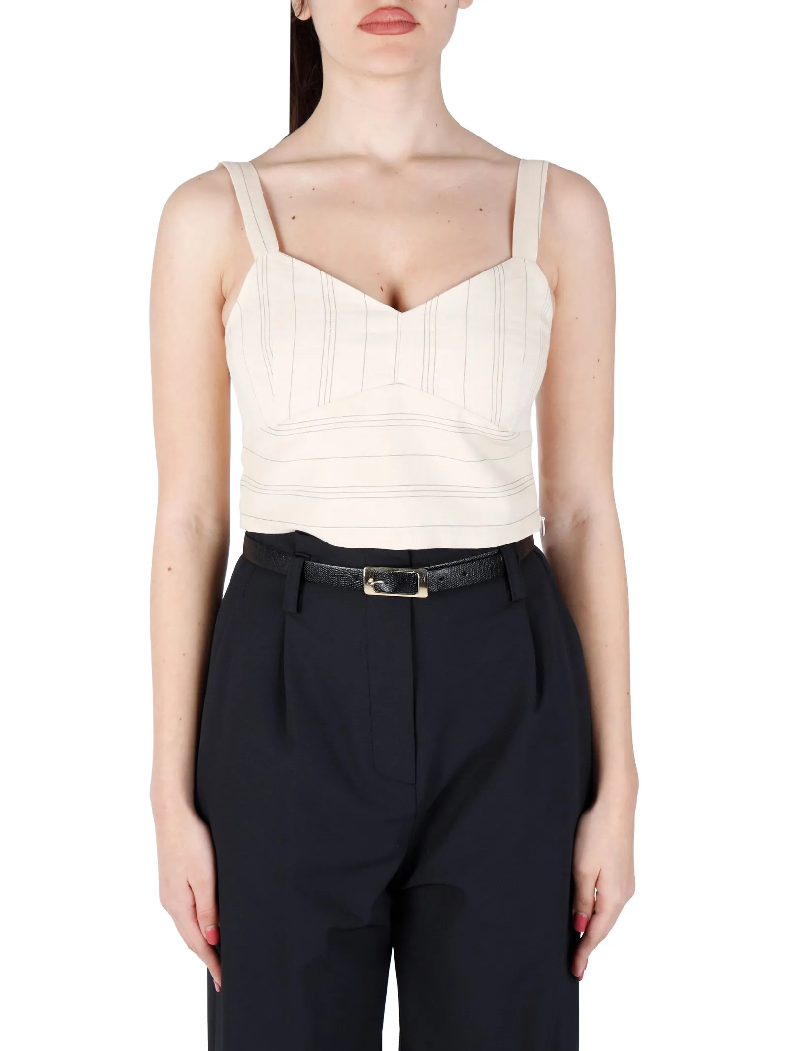 TOP CROP CON FANTASIA A RIGHE IN MISTO LINO