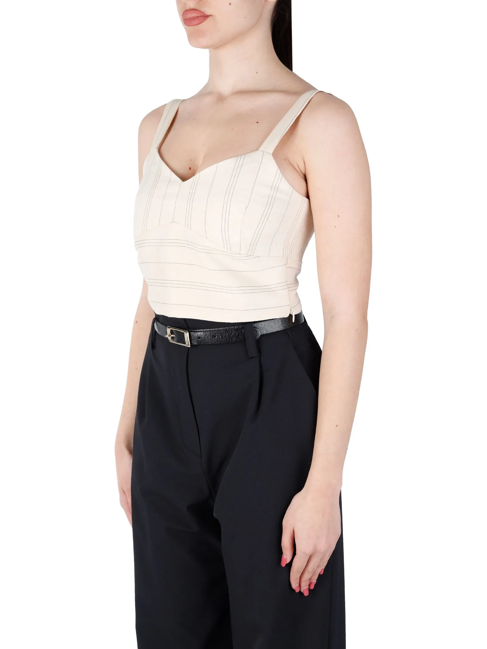 TOP CROP CON FANTASIA A RIGHE IN MISTO LINO