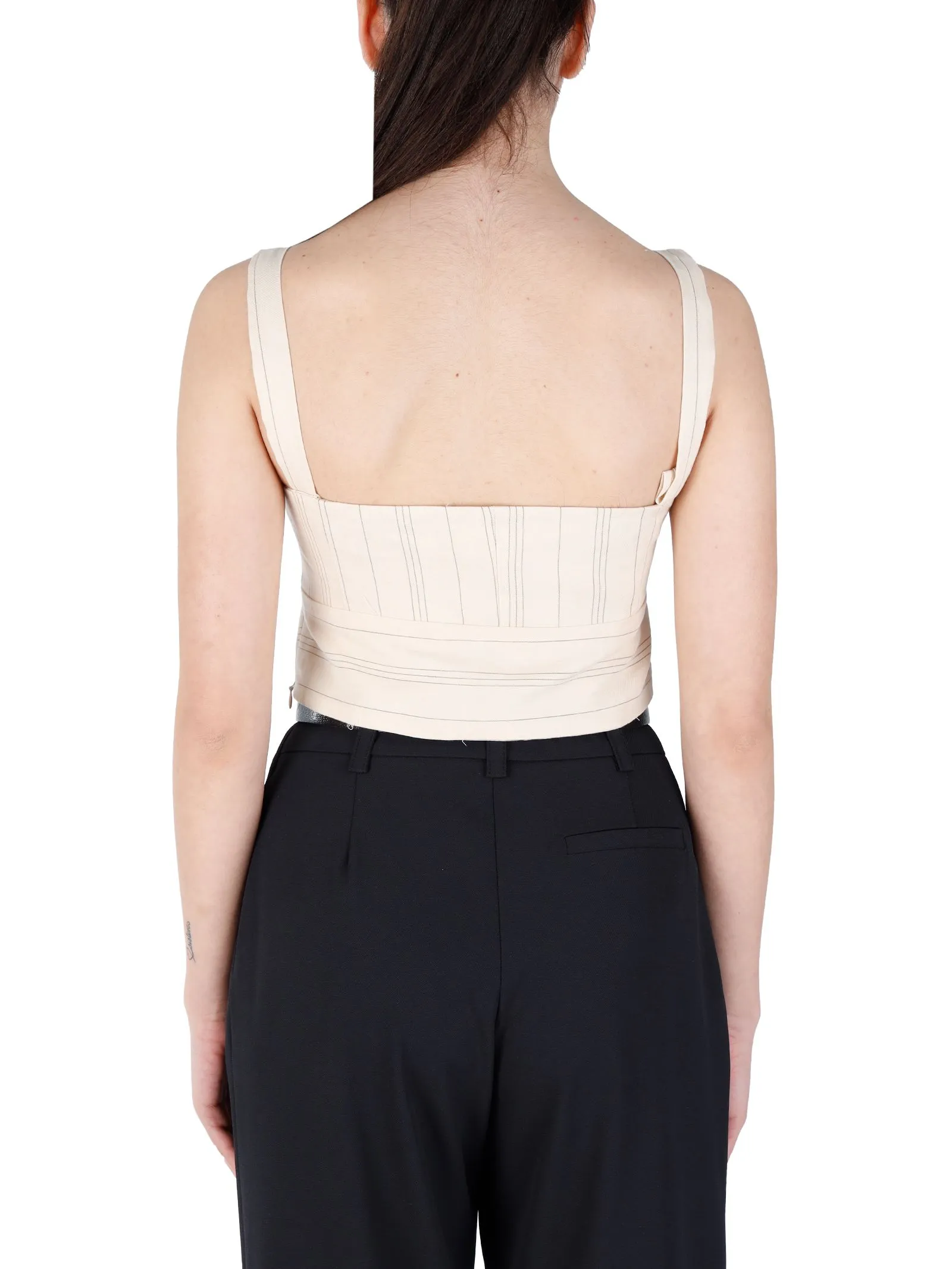 TOP CROP CON FANTASIA A RIGHE IN MISTO LINO