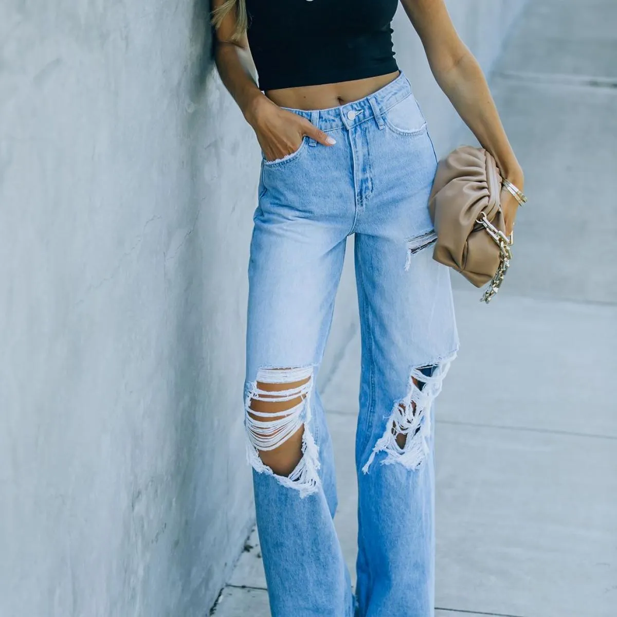 Vita alta 2023 Nuovo Retro Scava Fuori Pantaloni Svasati Pantaloni Larghi Casuali Strappati a Gamba Larga Jeans Gamba Dritta Str