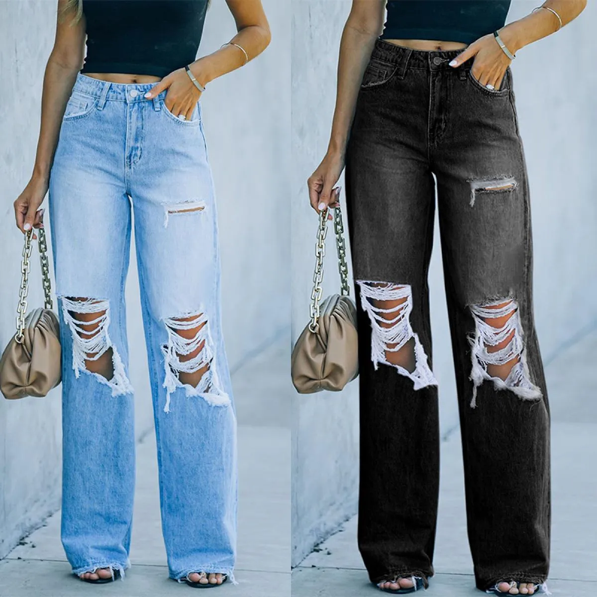 Vita alta 2023 Nuovo Retro Scava Fuori Pantaloni Svasati Pantaloni Larghi Casuali Strappati a Gamba Larga Jeans Gamba Dritta Str