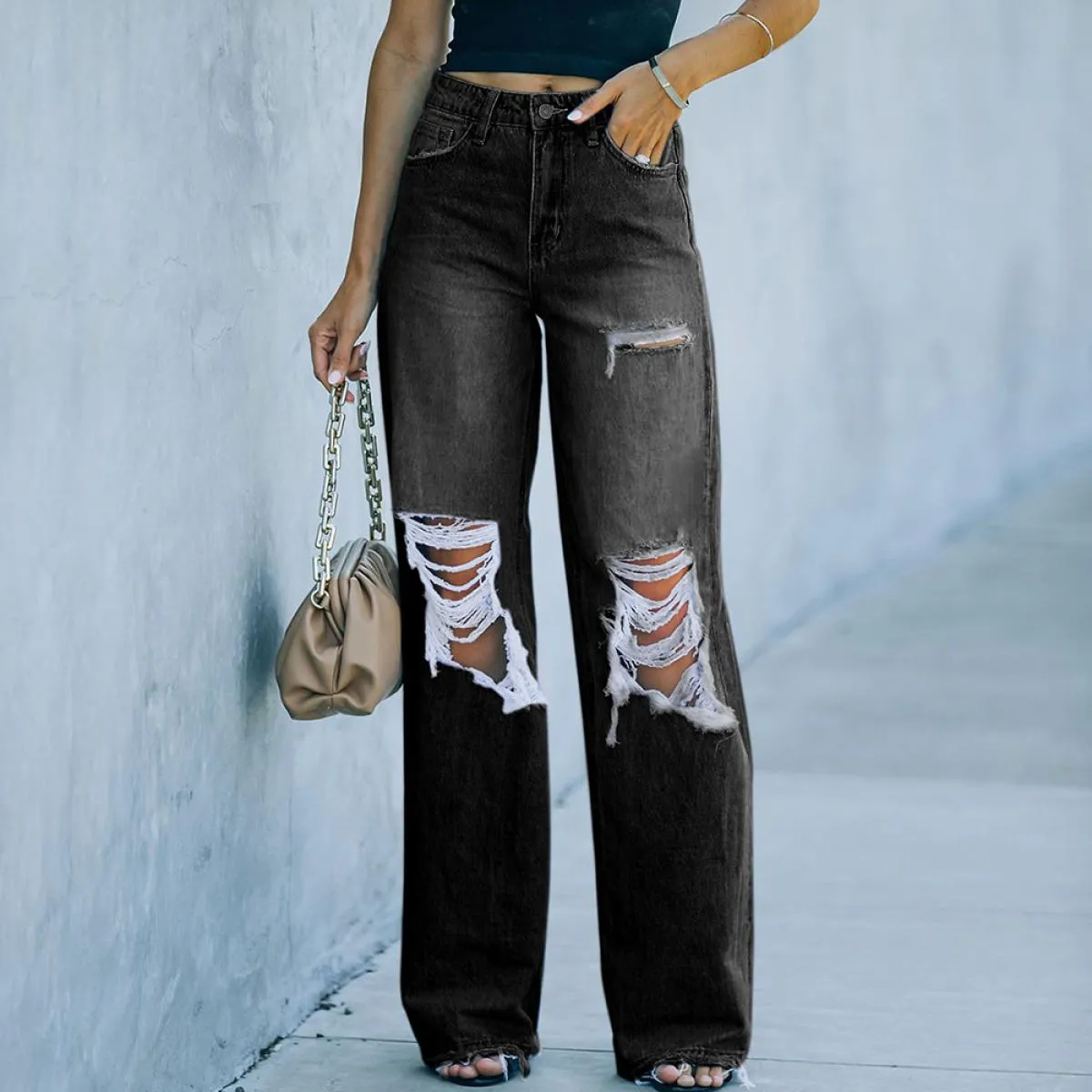 Vita alta 2023 Nuovo Retro Scava Fuori Pantaloni Svasati Pantaloni Larghi Casuali Strappati a Gamba Larga Jeans Gamba Dritta Str