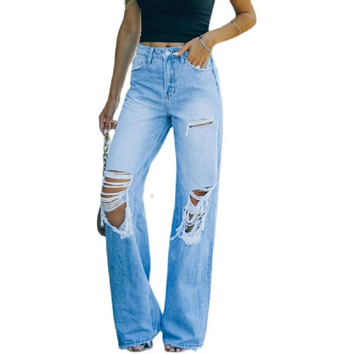 Vita alta 2023 Nuovo Retro Scava Fuori Pantaloni Svasati Pantaloni Larghi Casuali Strappati a Gamba Larga Jeans Gamba Dritta Str