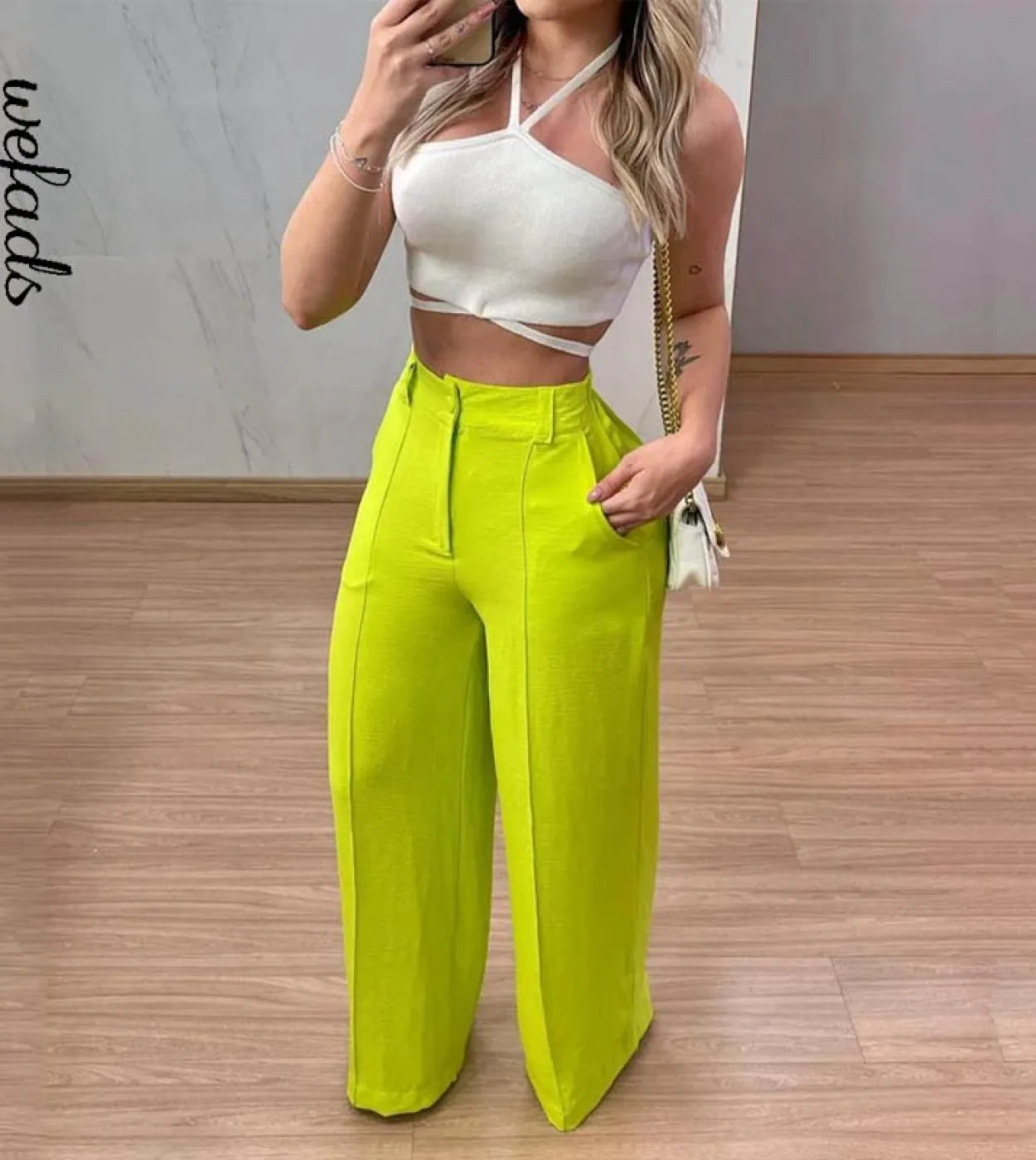 Wefads Set da due pezzi da donna Summer Solid Halter senza maniche Backless Vita alta Slim Top Pantaloni larghi larghi Set Stree