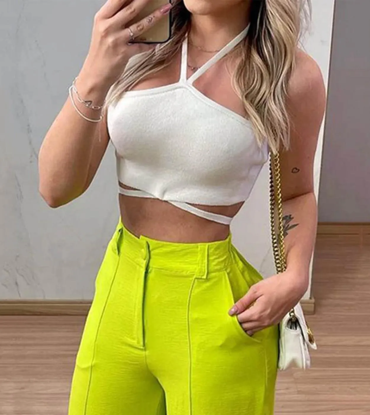 Wefads Set da due pezzi da donna Summer Solid Halter senza maniche Backless Vita alta Slim Top Pantaloni larghi larghi Set Stree