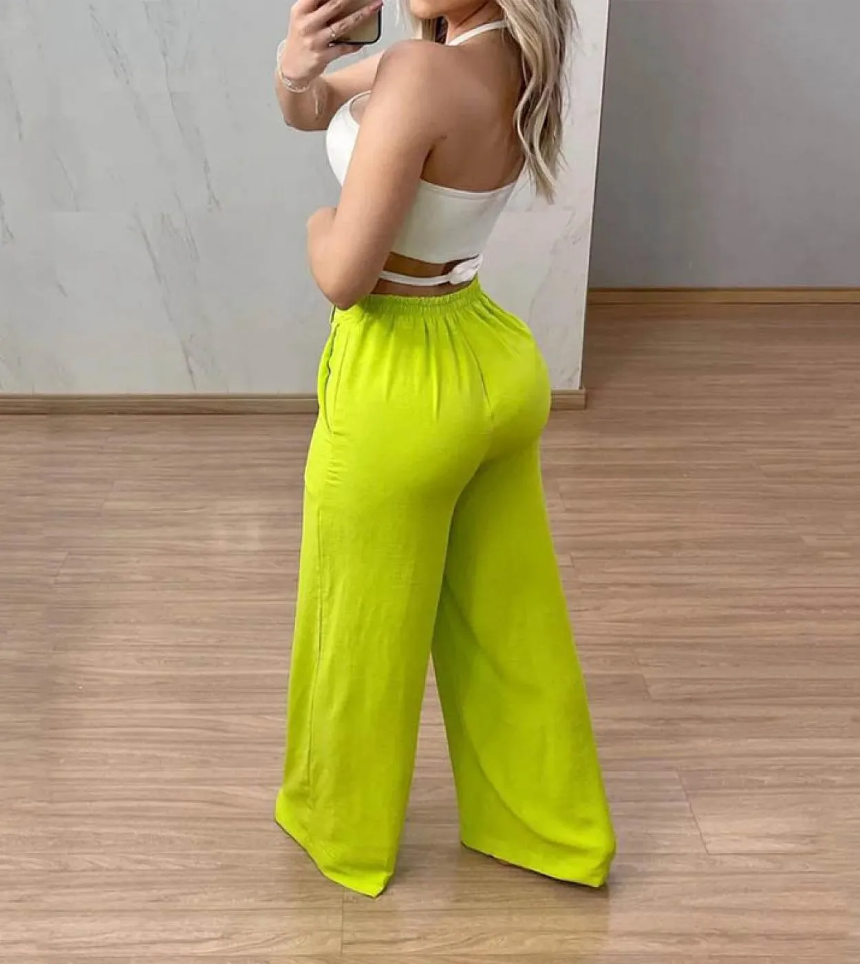 Wefads Set da due pezzi da donna Summer Solid Halter senza maniche Backless Vita alta Slim Top Pantaloni larghi larghi Set Stree
