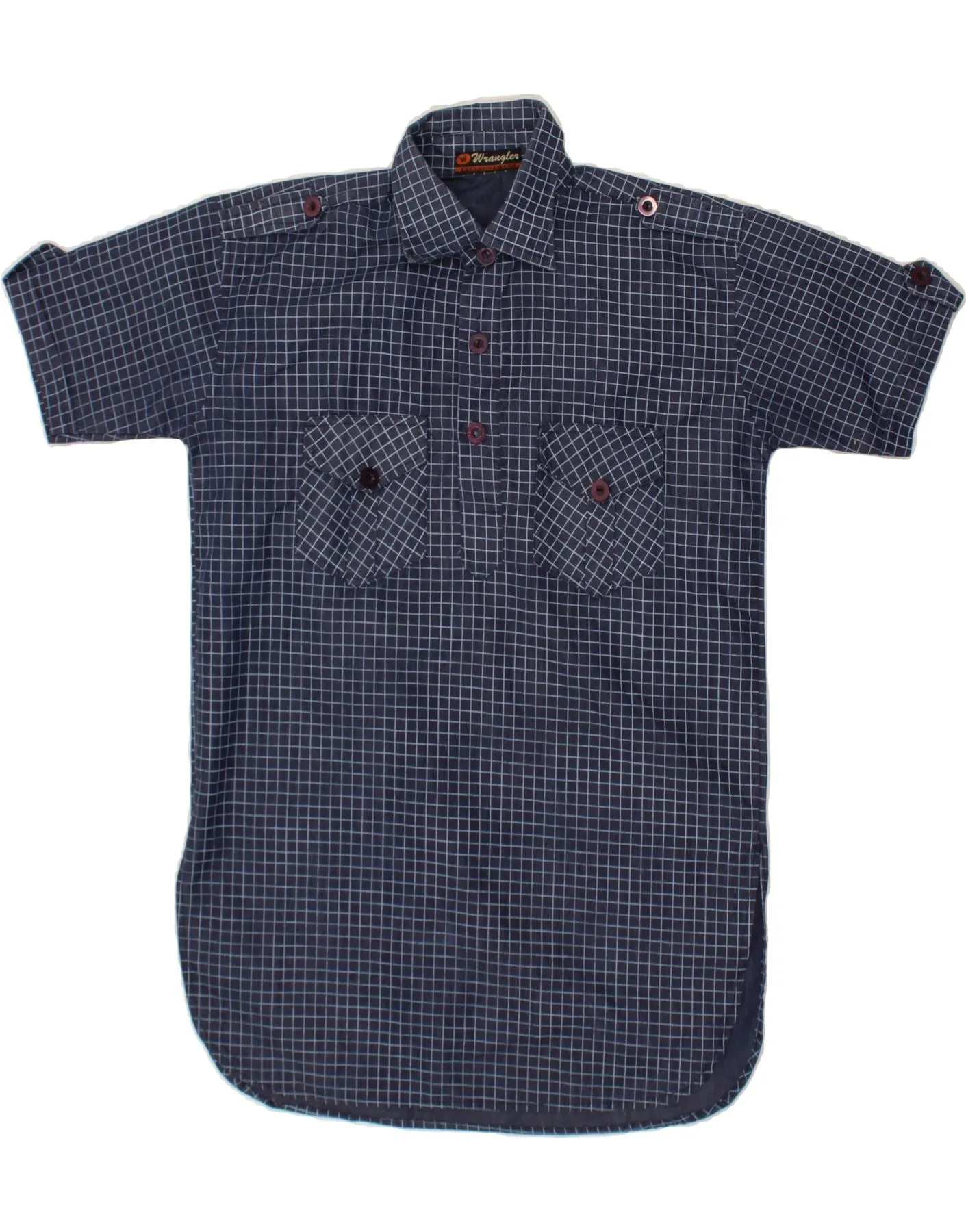 WRANGLER Mens Military Short Sleeve Pullover Shirt Medium Navy Blue Check