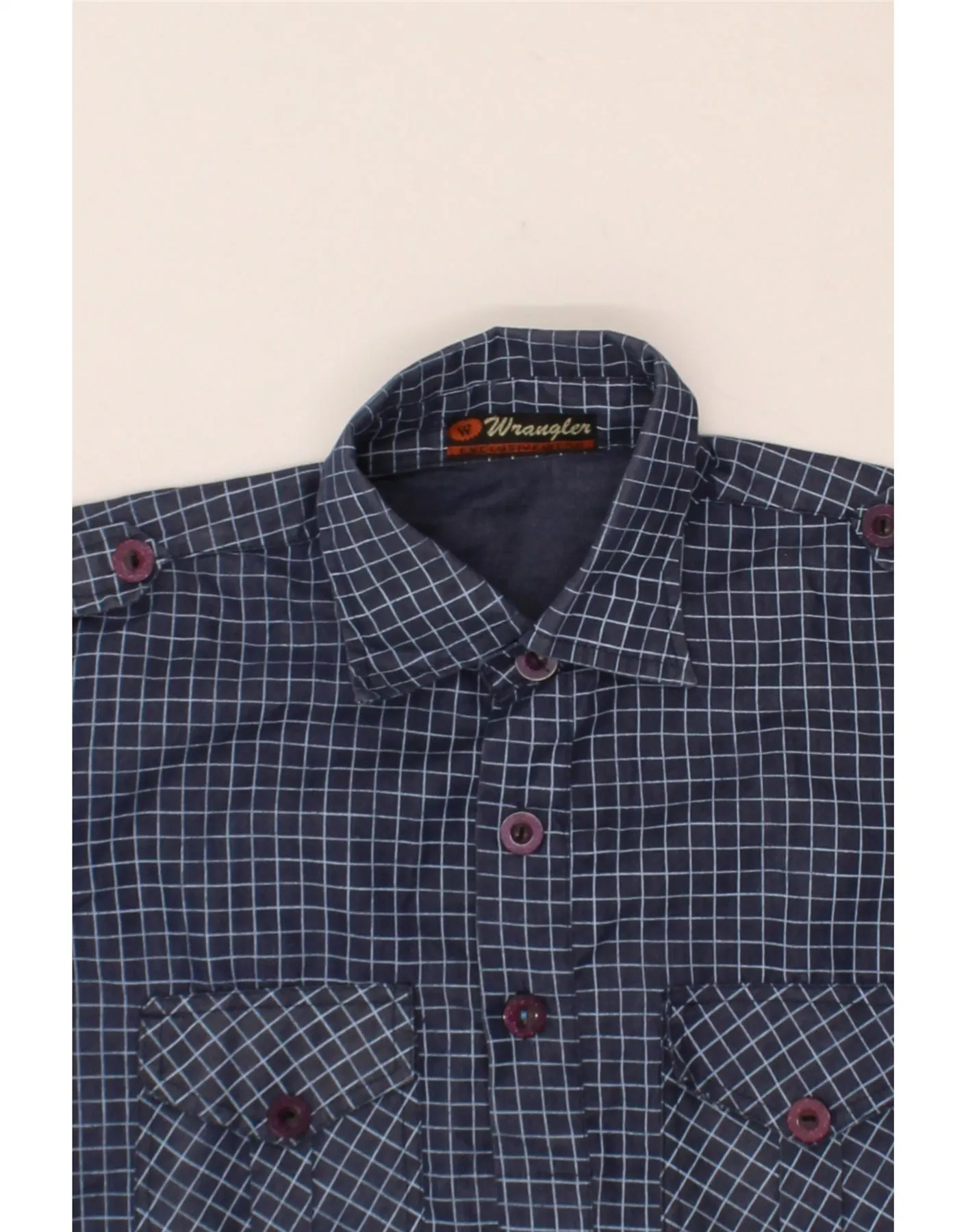WRANGLER Mens Military Short Sleeve Pullover Shirt Medium Navy Blue Check