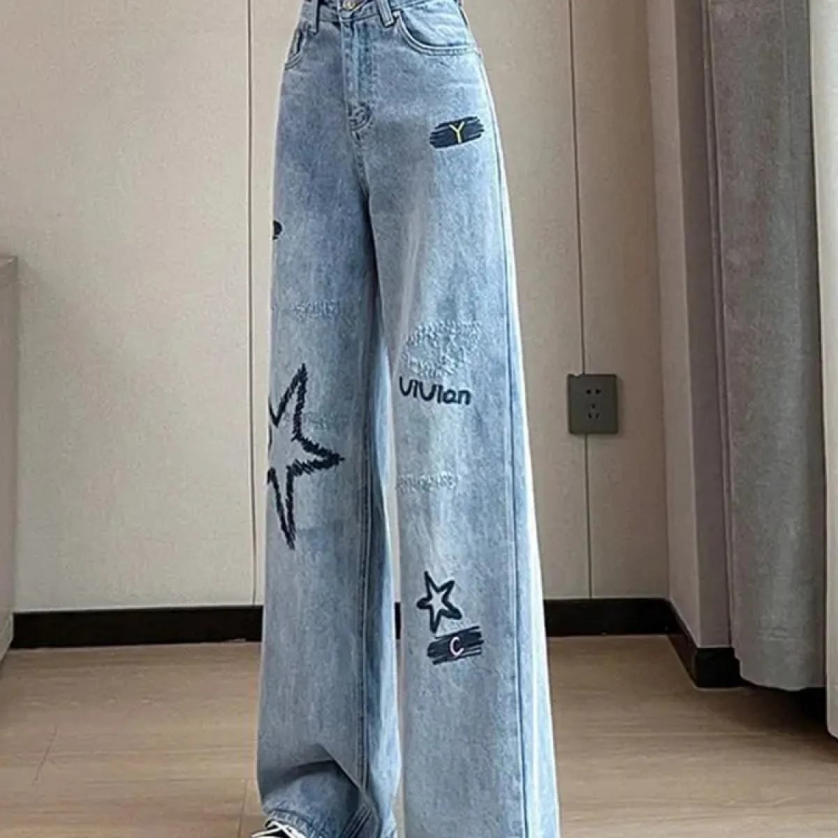 Zoki Chic ricamo donna jeans larghi vita alta moda pantaloni di jeans dritti stile preppy pantaloni di design femminile casual