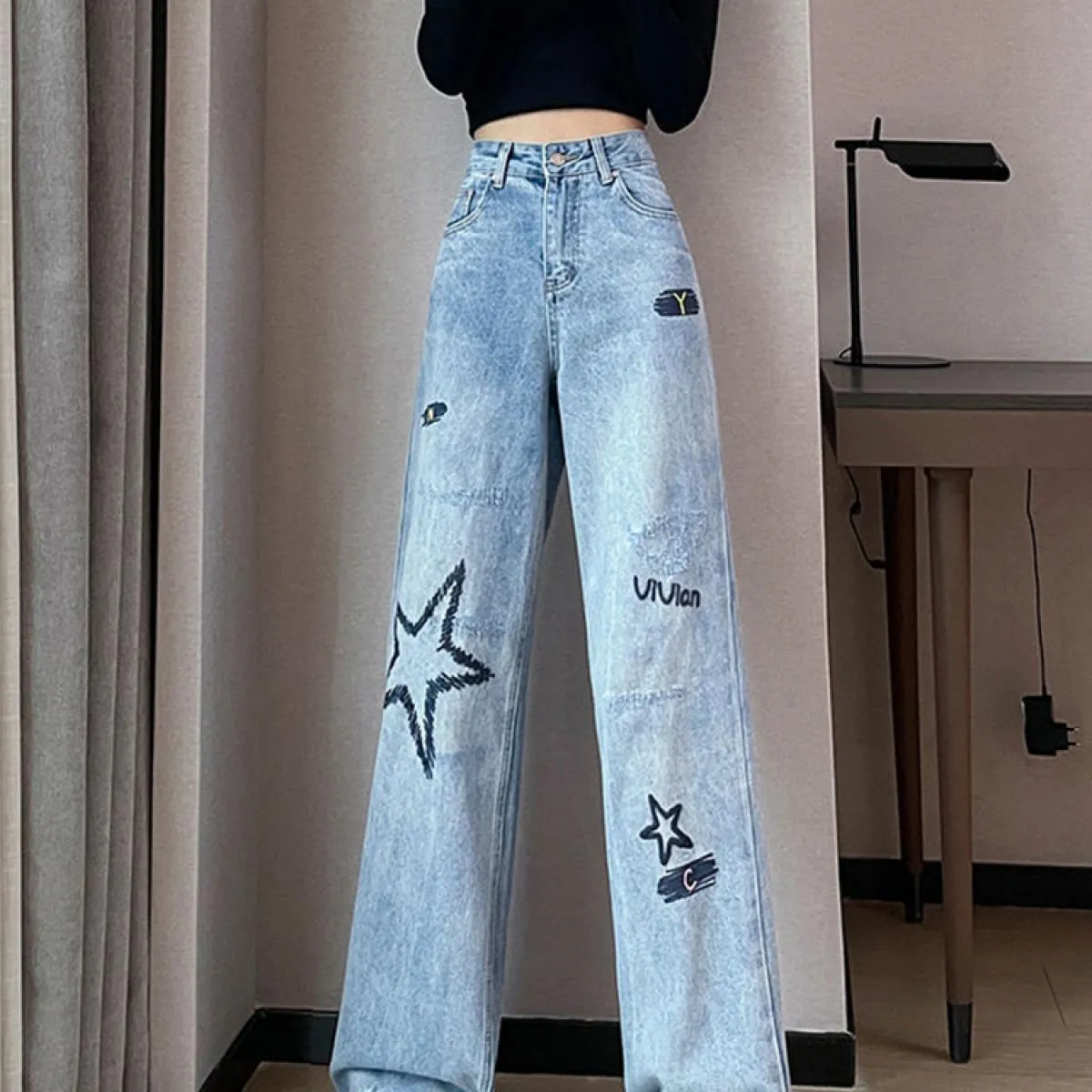 Zoki Chic ricamo donna jeans larghi vita alta moda pantaloni di jeans dritti stile preppy pantaloni di design femminile casual