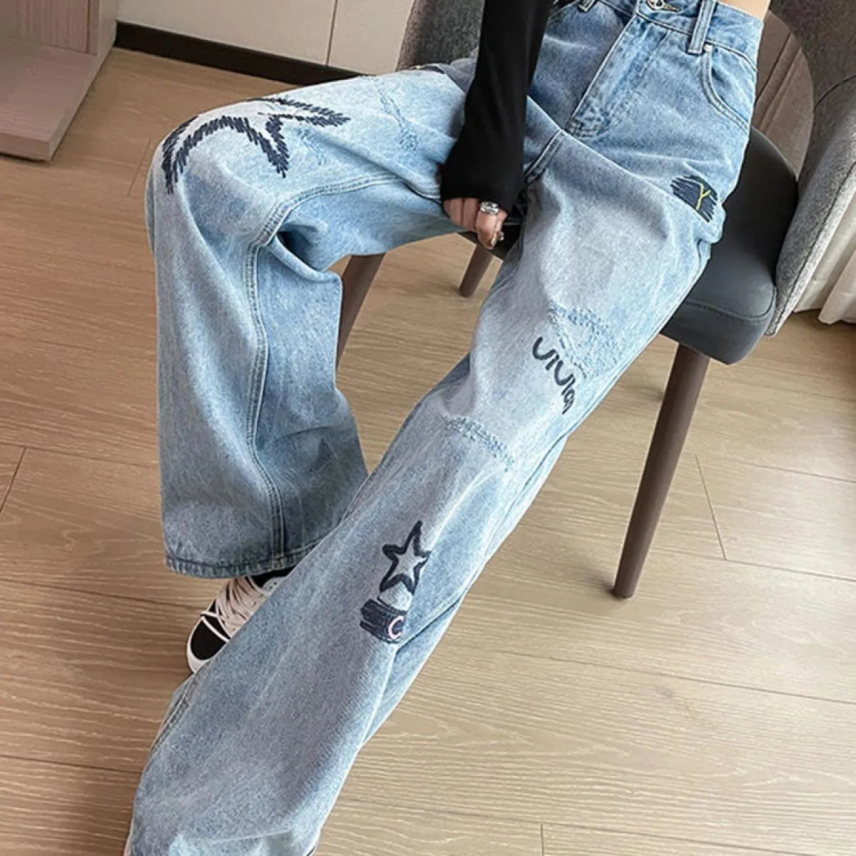 Zoki Chic ricamo donna jeans larghi vita alta moda pantaloni di jeans dritti stile preppy pantaloni di design femminile casual