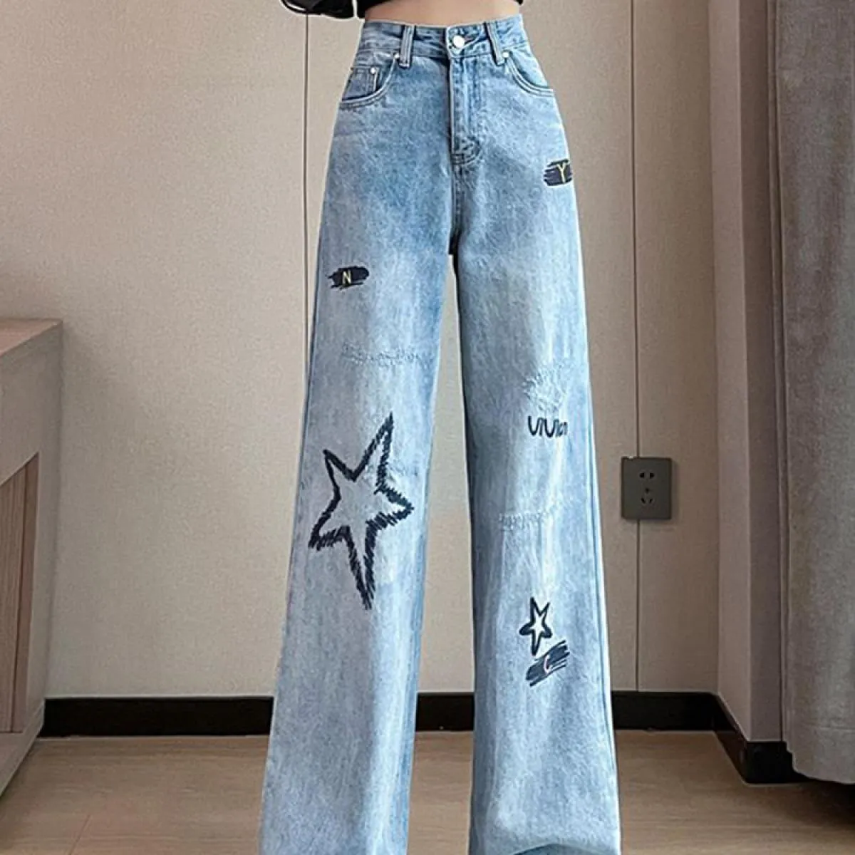 Zoki Chic ricamo donna jeans larghi vita alta moda pantaloni di jeans dritti stile preppy pantaloni di design femminile casual