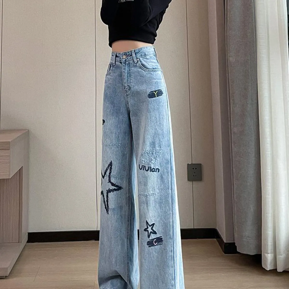 Zoki Chic ricamo donna jeans larghi vita alta moda pantaloni di jeans dritti stile preppy pantaloni di design femminile casual
