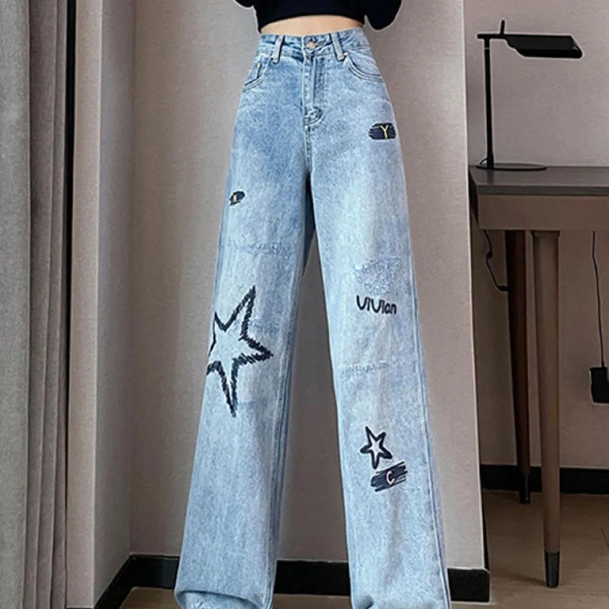 Zoki Chic ricamo donna jeans larghi vita alta moda pantaloni di jeans dritti stile preppy pantaloni di design femminile casual